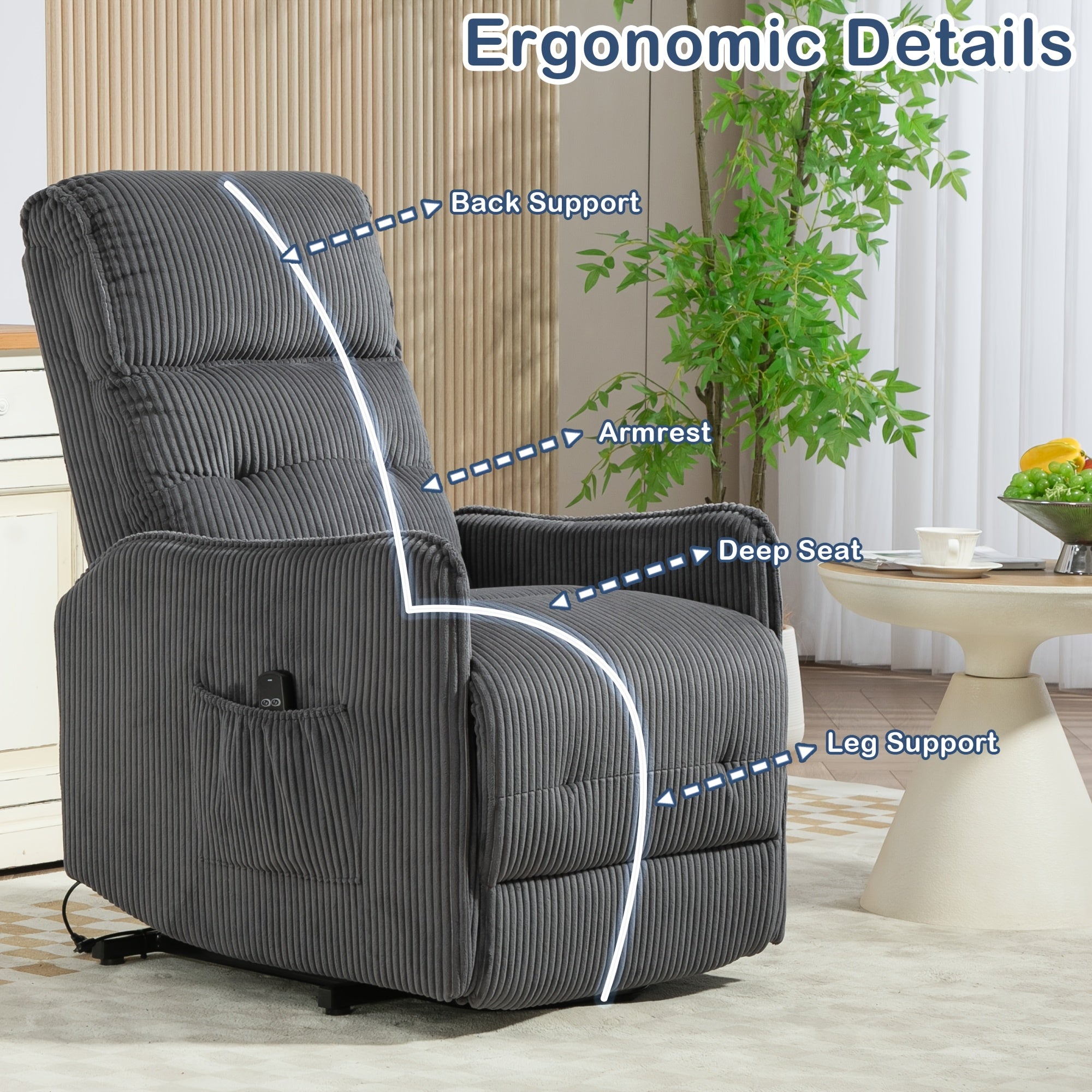 Plush Corduroy Power Lift Recliner Chair for Adults - Easy-to-Operate, Adjustable Height with Side Pocket, Ideal for Living Room, Bedroom, Home Theater - Comfortable Memory Foam, Solid Back, Gray