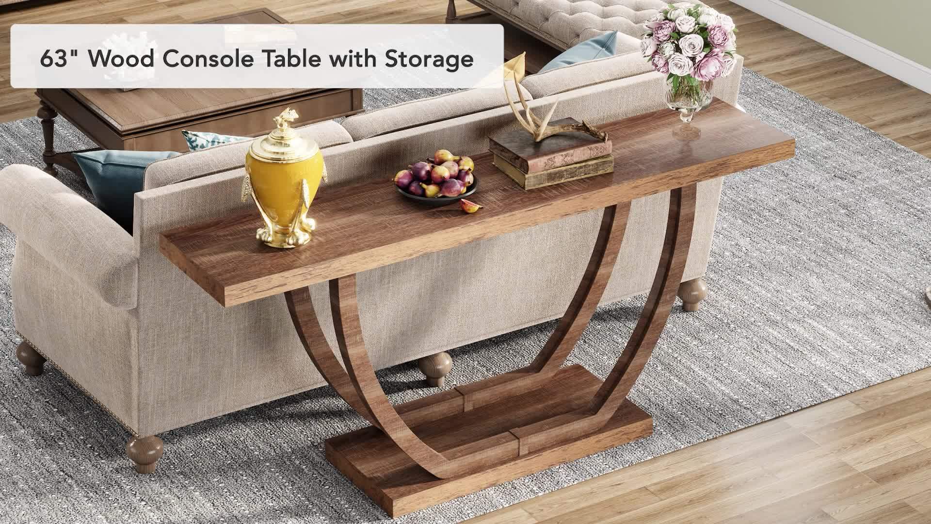 Console Entryway Table Farmhouse: 63 Inches Sturdy Wood Console Table for Entryway, Narrow Long Foyer Sofa Table with Geometric Legs for Hallway, Entrance, Reception Room