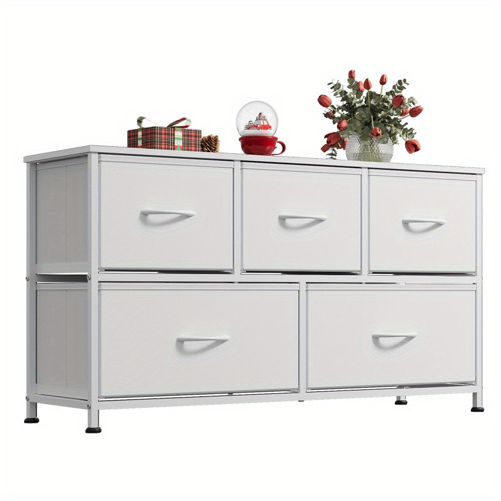 Dresser for Bedroom with 5 Drawers, Wide Chest of Drawers, Fabric Dresser, Storage Organizer Unit with Fabric Bins for Closet, Living Room, Hallway