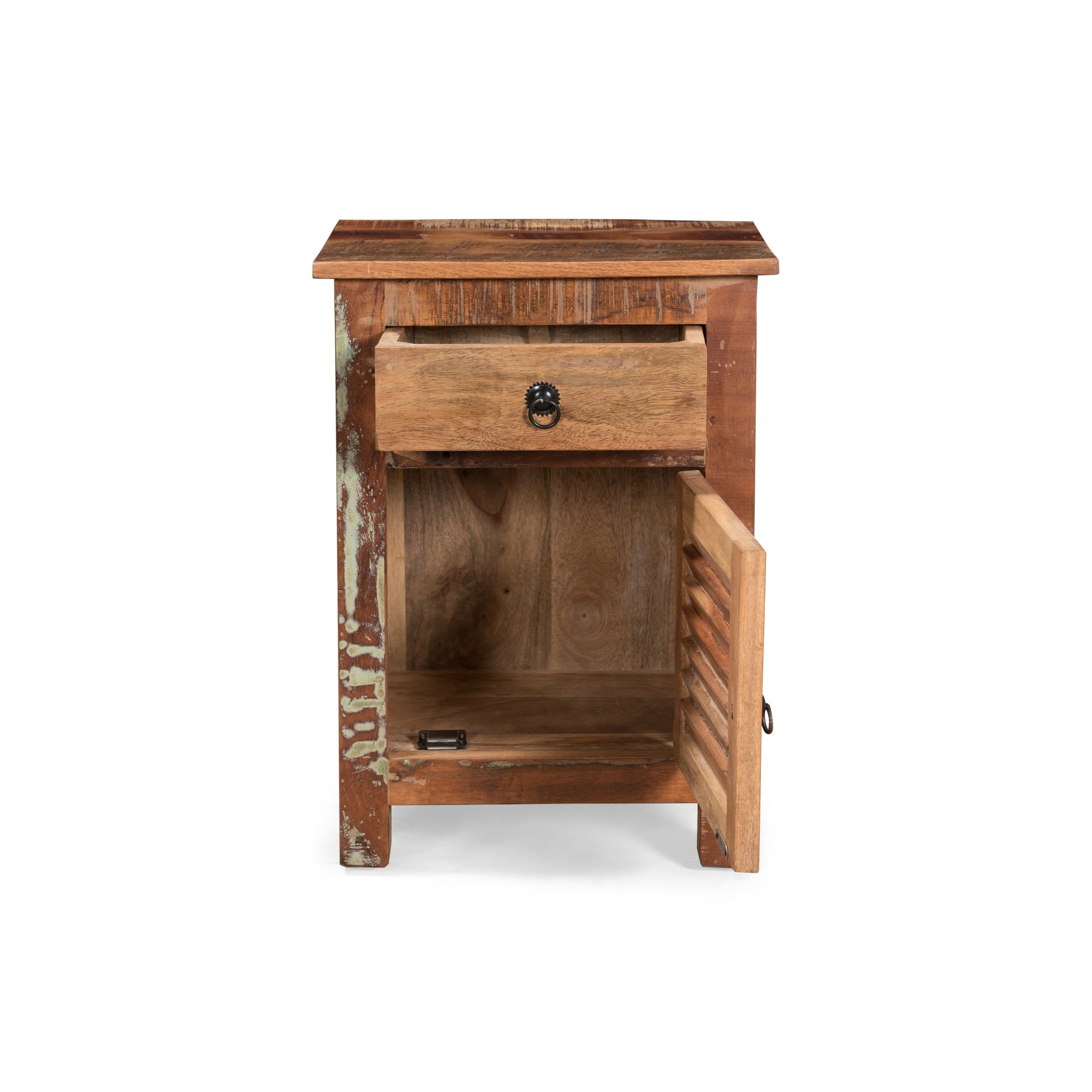 Handcrafted Recycled Wood Rustic Nightstand Side Table With Drawer Cabinet Slatted Door And Decorative Latch