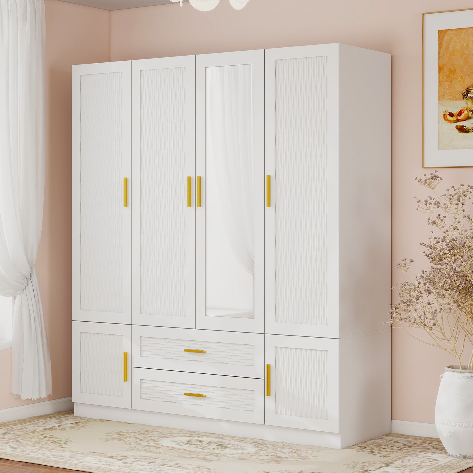 Modern White Wooden Wardrobe Armoire with Mirror Door and Drawer, Freestanding Closet Storage Cabinet for Bedroom, Hardwood Construction, Medium Density Fiberboard, No Electricity Needed, ≥3.2 Cubic Feet Capacity, Portable