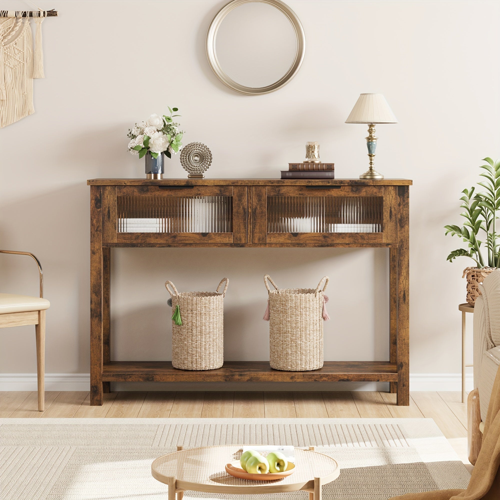 Entryway Table Wood Console Table with 2 Glass Drawers 2 Tier Sofa Table with Storage for Living Room Foyer Tables