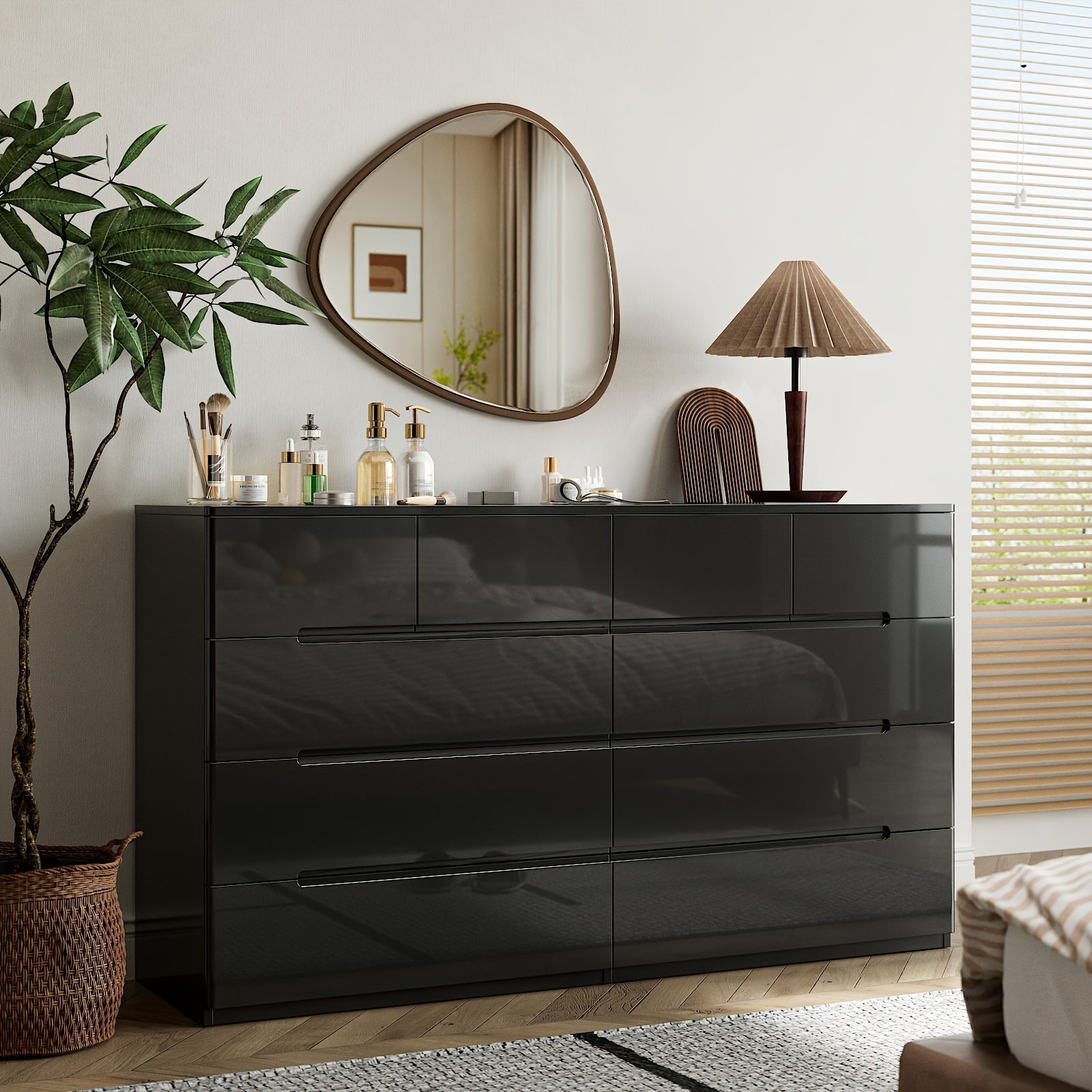 Classic 10-Drawer Dresser High Gloss Hardwood Chest Modern MDF Bedroom Furniture Painted Finish Large Capacity