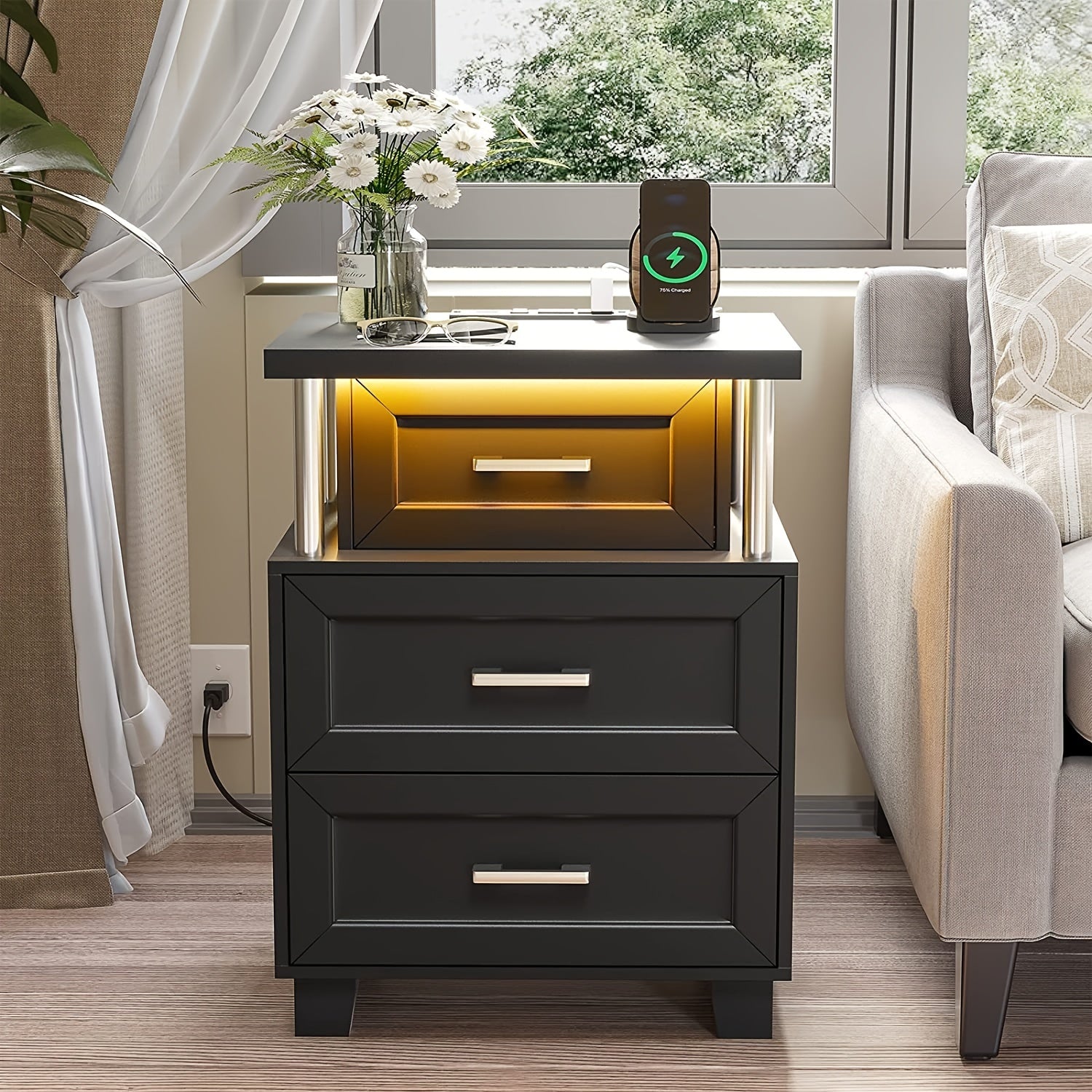 RGB LED Nightstand With 3 Drawers Bedside Table End Side Table For Bedroom, Office, Living Room Black