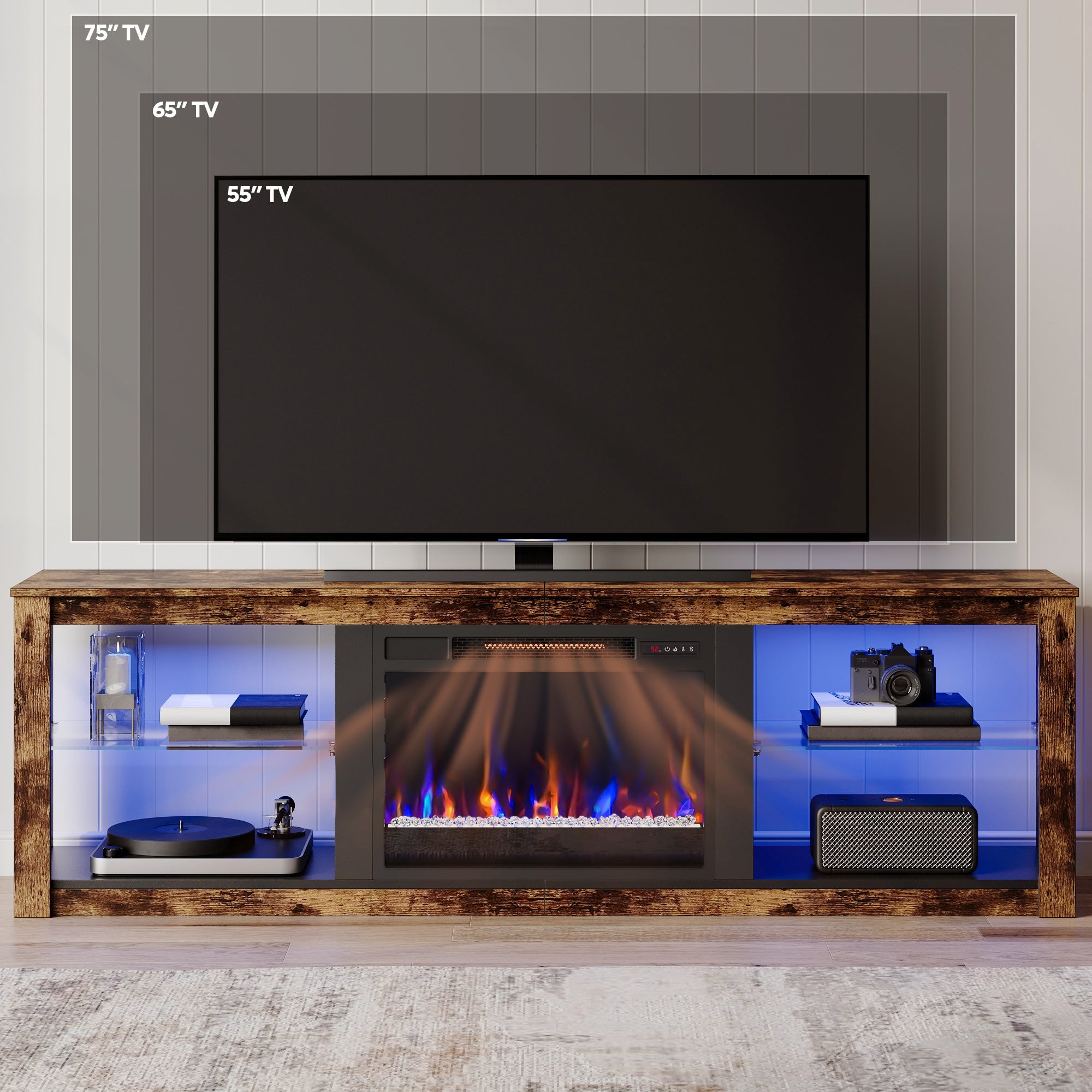 70 Inch Large TV Stand with 23" Electric Fireplace - Modern Entertainment Center with RGB LED Lights, Wooden TV Stand for TVs Up to 80", Temper Glass Shelves, Gift for Thanksgiving And Christmas, Black Marble And Rustic Finis