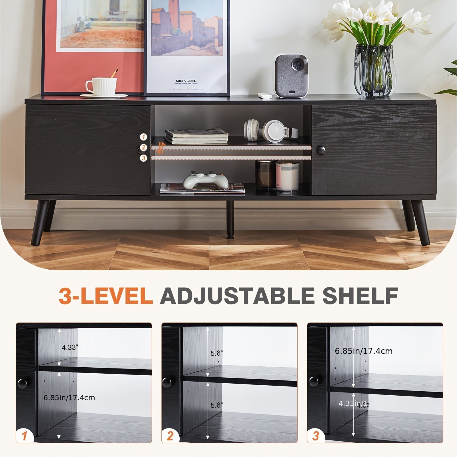 TV Stand for Entertainment Center with Storage Cabinet Mid Century Modern Media Console Table Adjustable Hinge Wooden