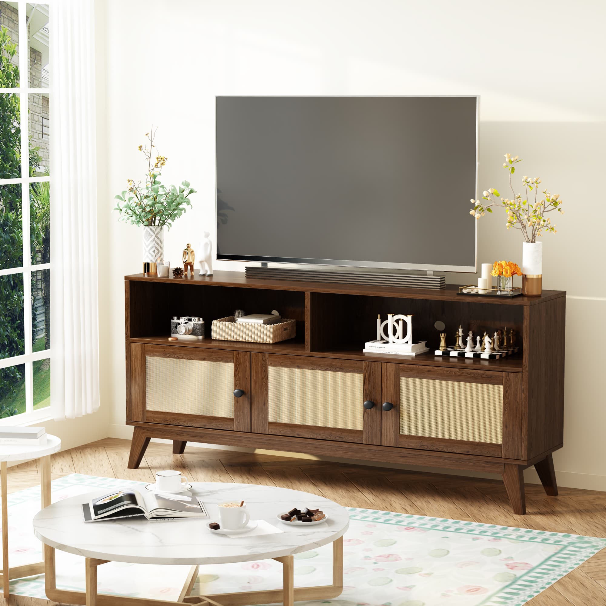 TV Stand for 65 Inch TV, Mid Century Modern TV Stand with 3 Boho Rattan Storage Cabinets and 2 Open Shelves, Entertainment Center, TV Stand Media Console for Bedroom, Living Room, Rustic Brown