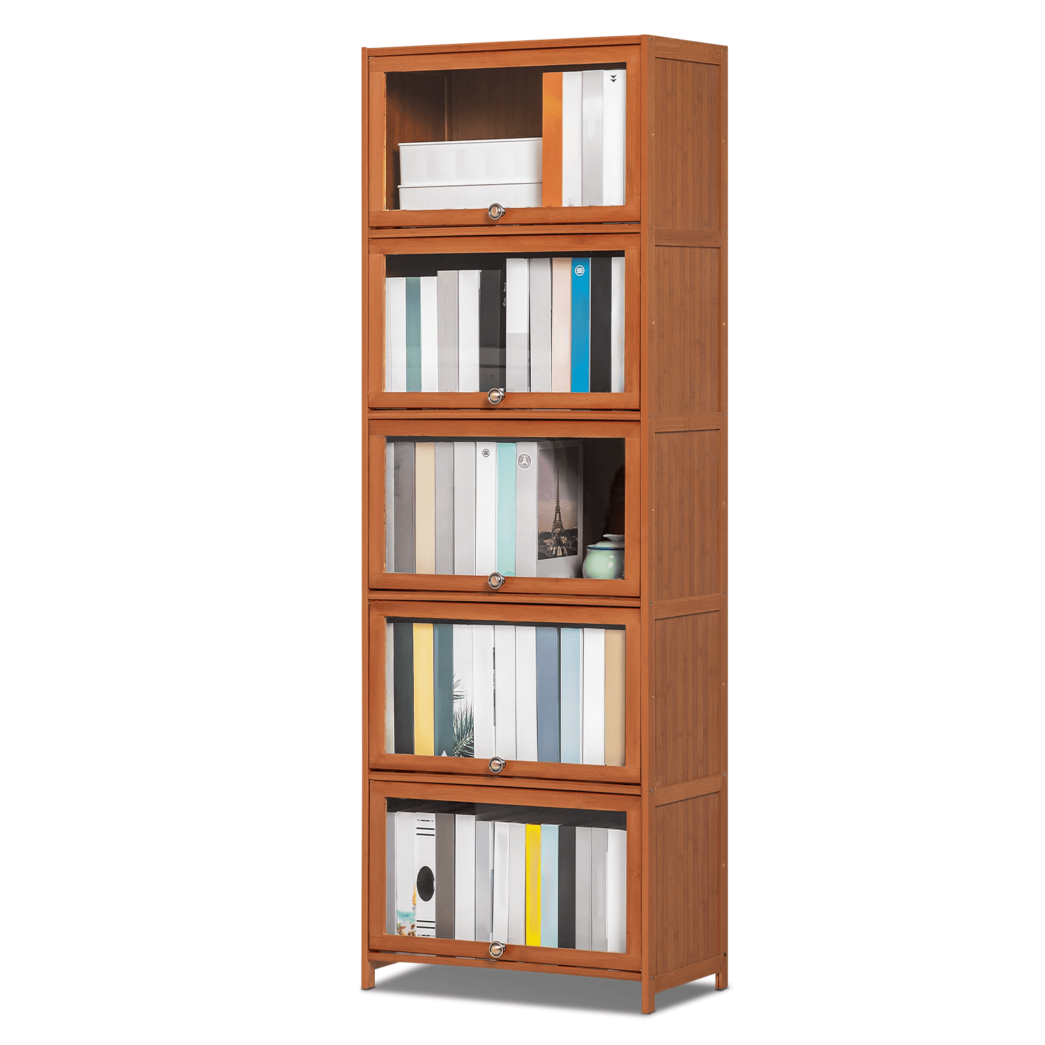 Bamboo Tall 5 Tiers Bookcase Free Standing Shelf with Acrylic Door Brown for Living Room - Brown - Bookshelf Westberry