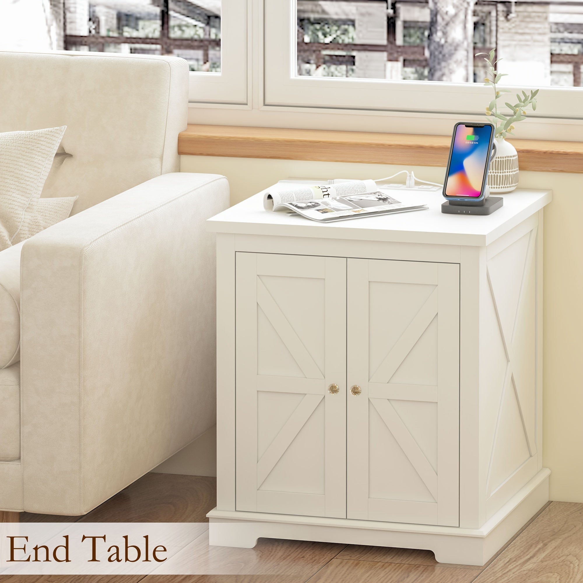 Farmhouse End Table with Charging Station, Rustic Wood Nightstand with LED Lights White Bedside Table with Adjustable Storage Shelf Barn Door Storage End Table for Living Room, Bedroom