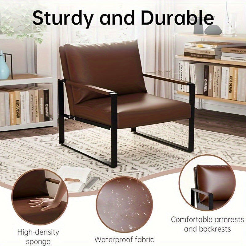 Mid-Century Modern Accent Armchair, Classic Single Sofa Chair with Frame Metal and Extra-Large Ergonomic Cushion, Leather Accent Chairs Anti-Scratch Foot Mats for Living Room, Brown