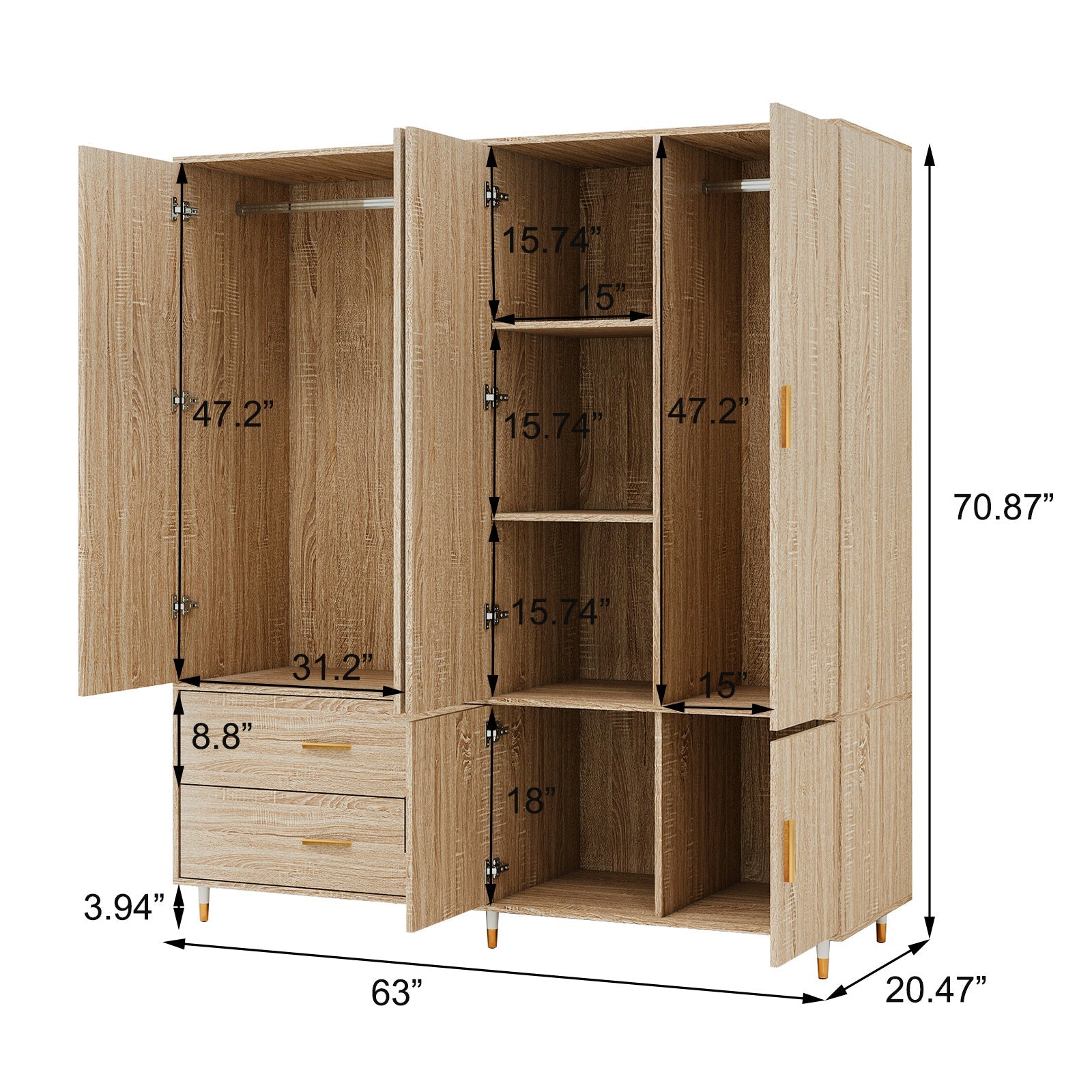 1pc Modern Multi-Functional 4-Door Wooden Armoire Wardrobe with Mirror Door & Drawers - Freestanding Hardwood & MDF Bedroom Closet for Clothing Storage