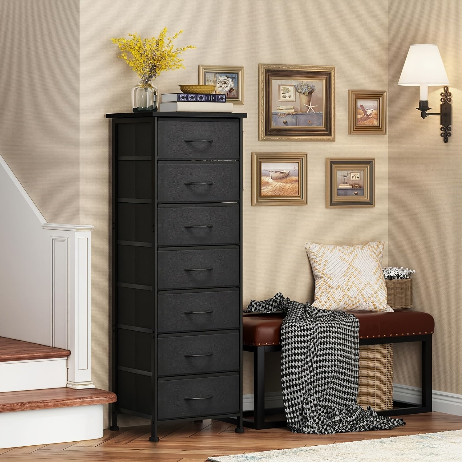 Tall Dresser For Bedroom, Storage Organizer With 7 Drawers, Vertical Bedside End Table For Bedroom, Sturdy Steel Frame, Nightstand Furniture, Chest Of Drawers For Closet