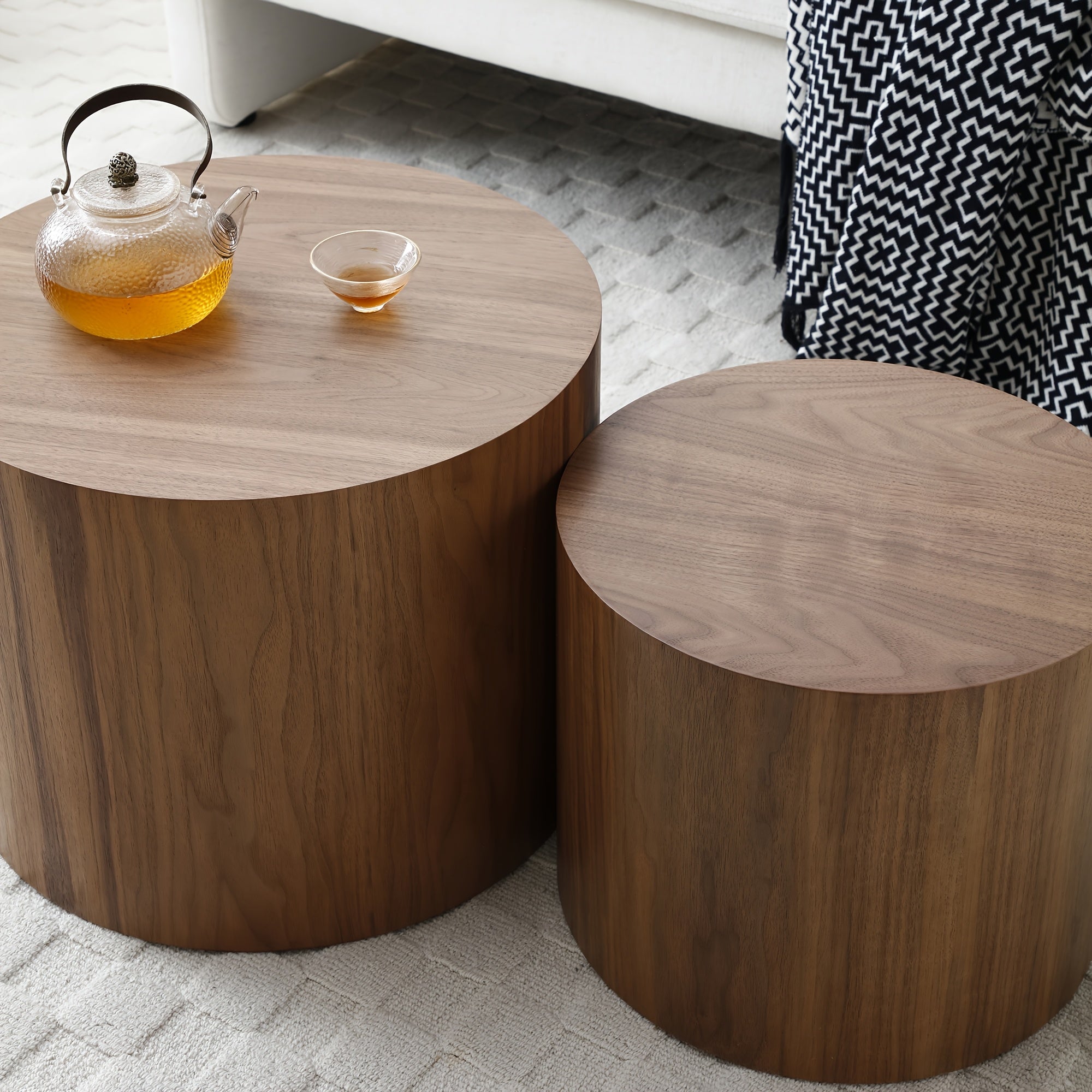 Nesting Coffee Table Set Of 2 Round Side Table End Table For Living Room, Wood Circle Drum Coffee Table Contemporary Living Room End Table For Small Space Living Room (Walnut)