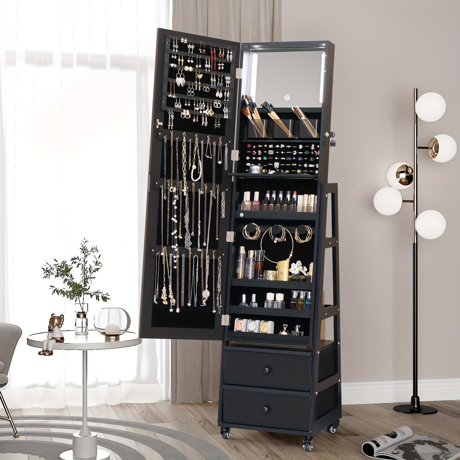 Rotating Jewelry Armoire With LED, Full Length Mirror Large Capacity Jewelry Organizer Armoire, Lockable Floor Standing Mirror With Back Storage Shelves With Wheels Baskets, Bins & Containers