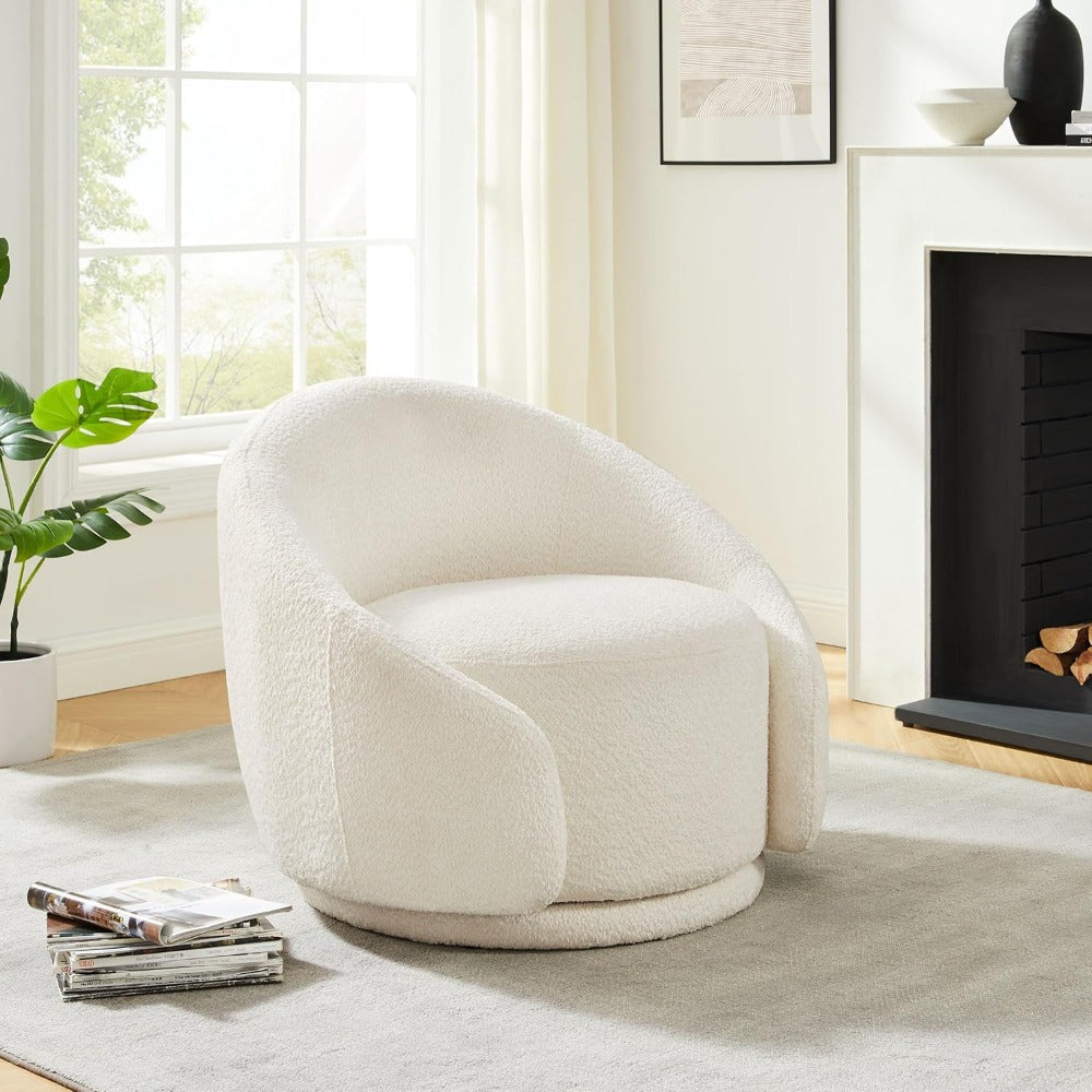 Swivel Barrel Chair, Upholstered Modern Round Accent Arm Chairs, 360° Swivel Single Sofa Armchair for Living Room and Bedroom, White Boucle