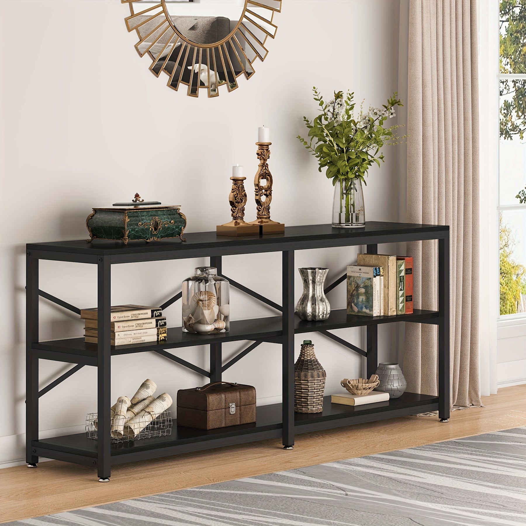 70.9 Inch Extra Long Console Table, Modern 3-Tier Sofa Table With Storage Shelves, Ideal As Industrial Hallway Entryway Table Or Bookshelf In Living Room, With Functional Behind Couch Design