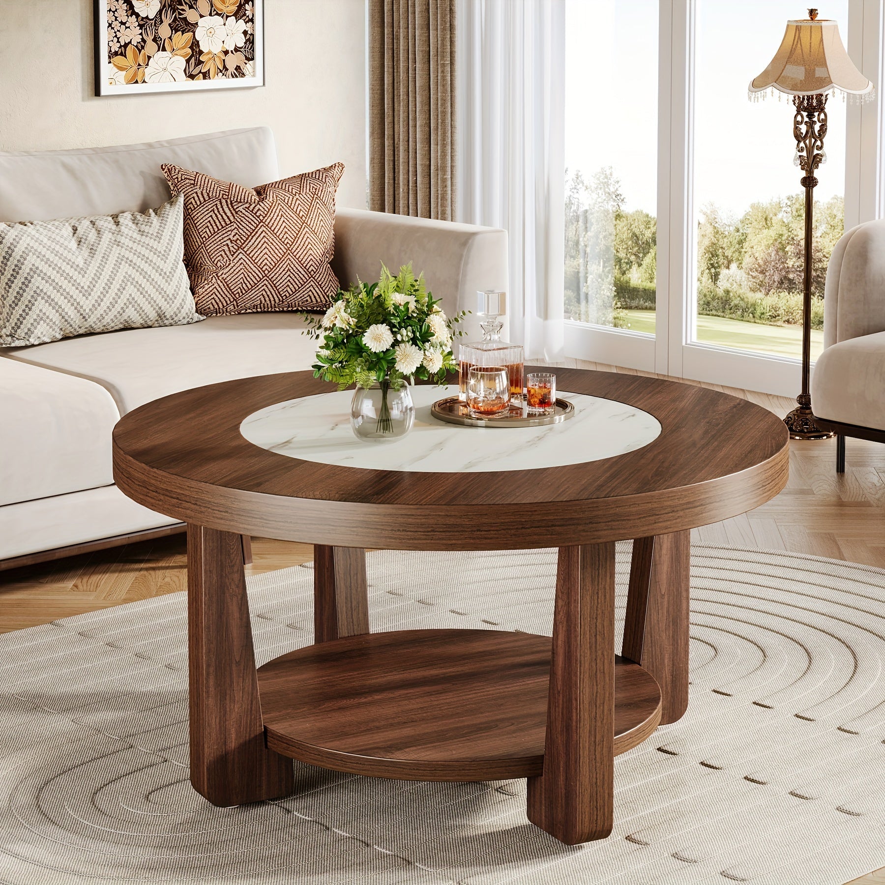 Wood Round Coffee Table With Storage, 2-Tier Industrial Circle Accent Center Table For Living Room