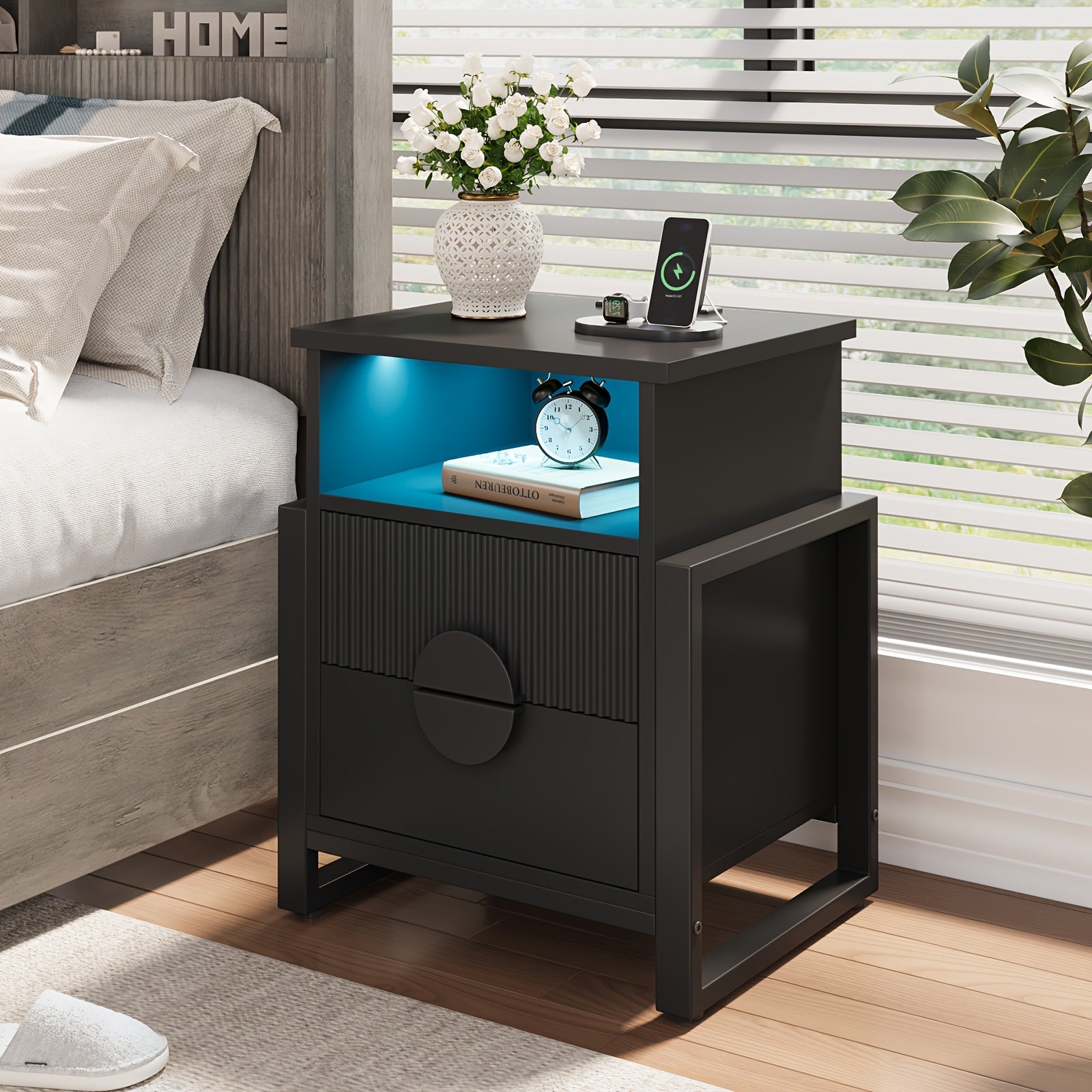 Bedside Table with Charging Station, Groove Bedside Table with LED Light and 2 Drawers, Modern Wooden Edge Table with Metal Frame Legs, 20.5" Wide x 15.8" Deep x 23.4" High