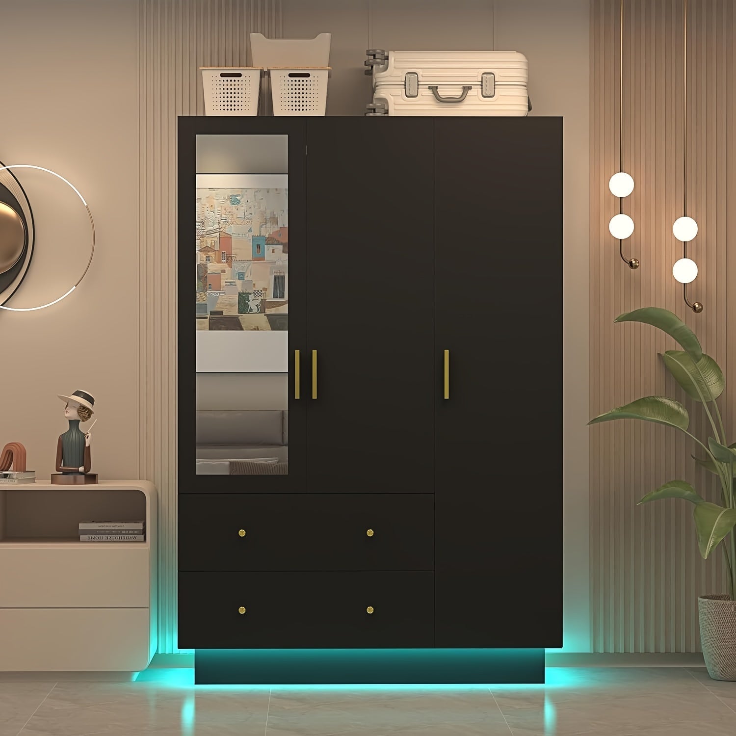 3 Door Wardrobe Closet With Mirror & LED Lights Bedroom Armoire With Drawers & Shelves Modern Wooden Armoire Wardrobe