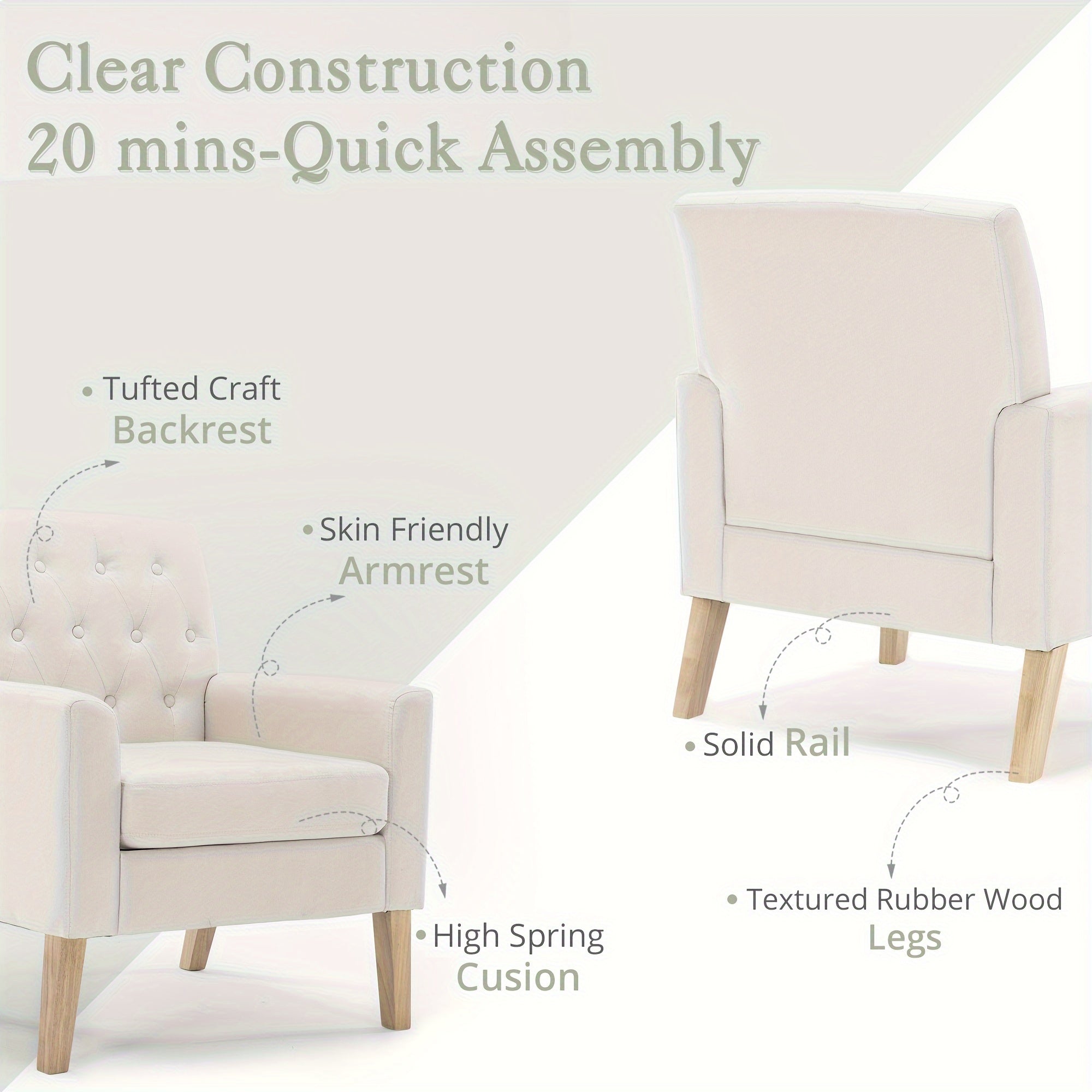 Elegant Cream Linen Accent Chair with Diamond-Pattern Tufted Upholstery, 18.5" H - Modern Armchair with Natural Wood Legs for Living Room, Bedroom - Durable, Easy Assembly, Chair for Living Room