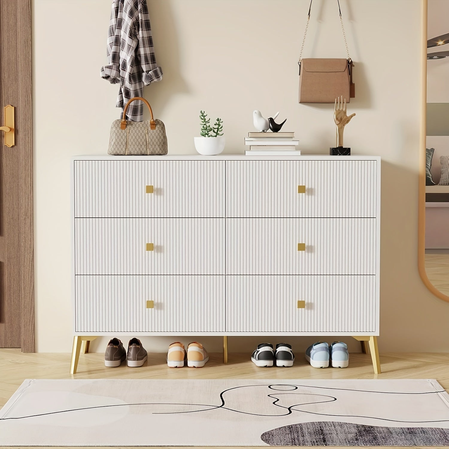 Modern White And Gold 6-Drawer Dresser With Fluted Design - Stylish Storage Chest For Bedroom, Living Room, Closet, Hallway