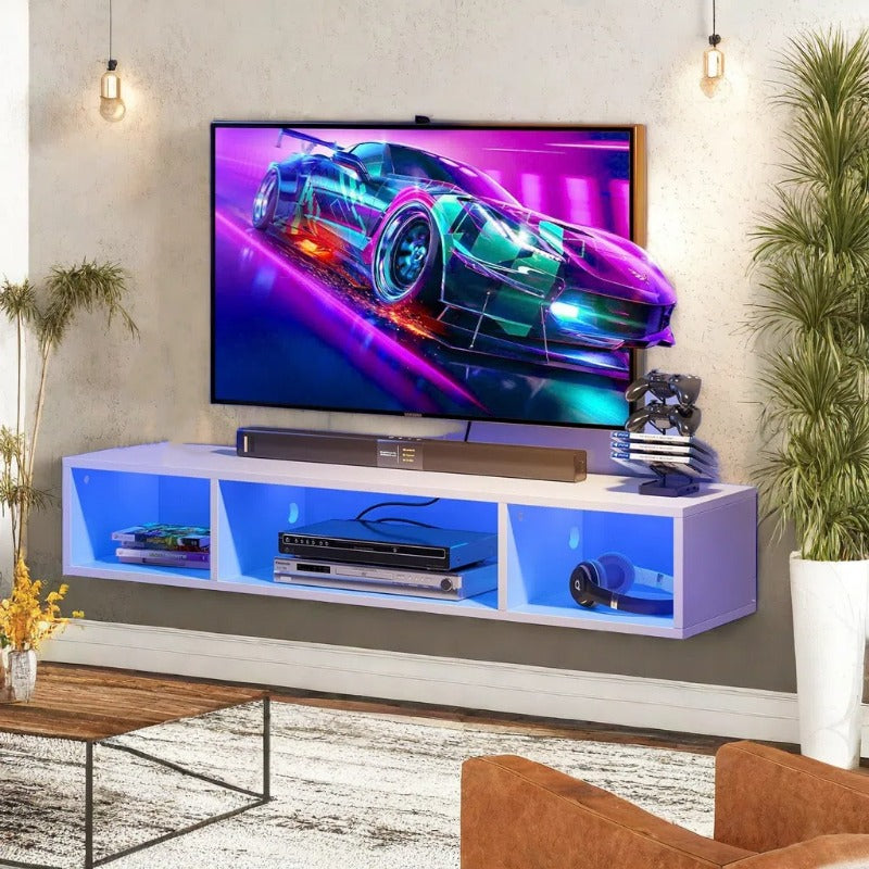 Television Stands, Floating TV Stand, TV Stand with Power Outlet, Floating TV Stand with RGB Lights,Wall Mounted TV Shelf, White Media Console with Storage Shelf, Entertainment Shelf Under TV for Entertainment Center, Living