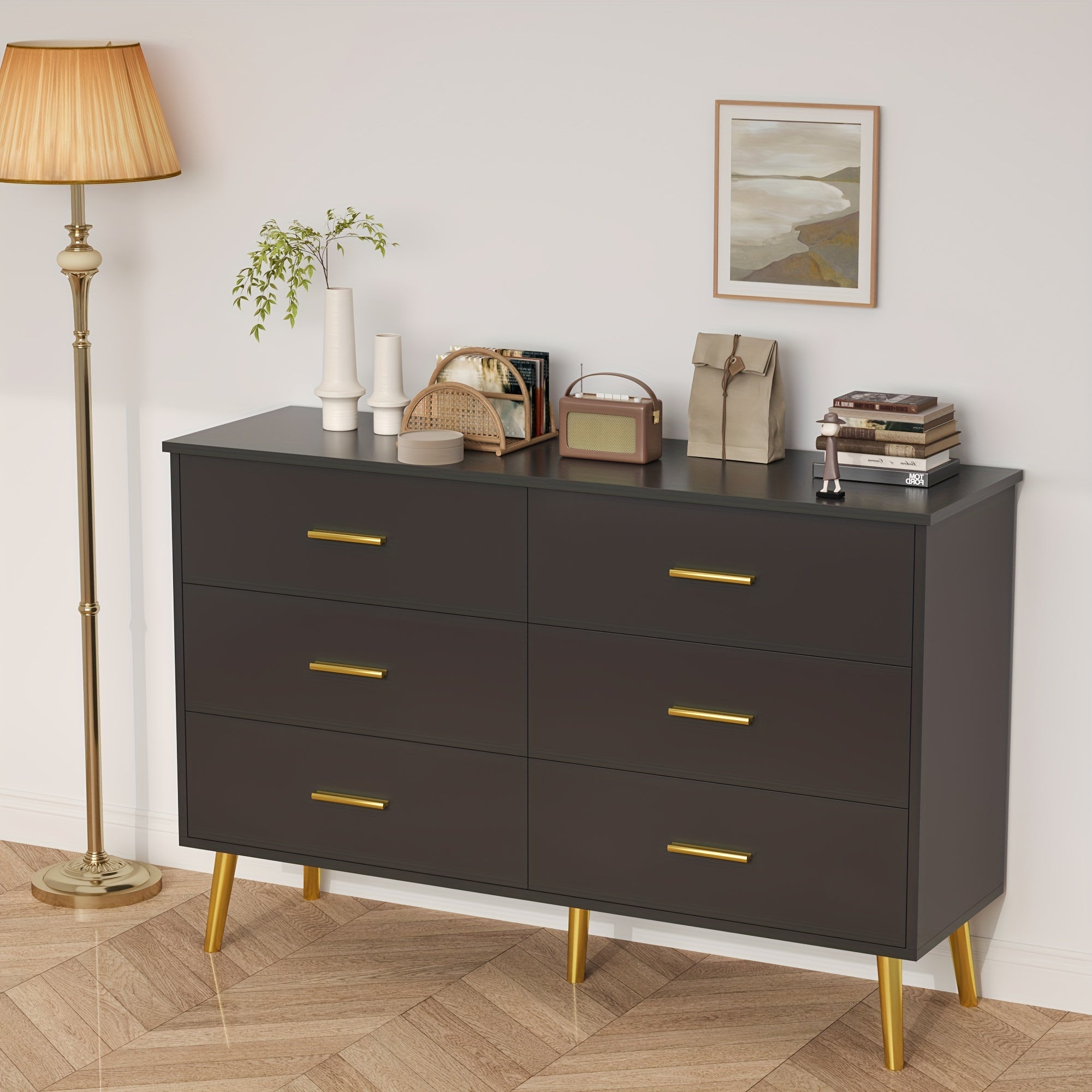 Dresser for Bedroom with LED Light, 6 Drawer Large Chest of Drawers, Modern Dresser with Lights, Wood Bedroom Dresser for Closet/Living Room/Hallway