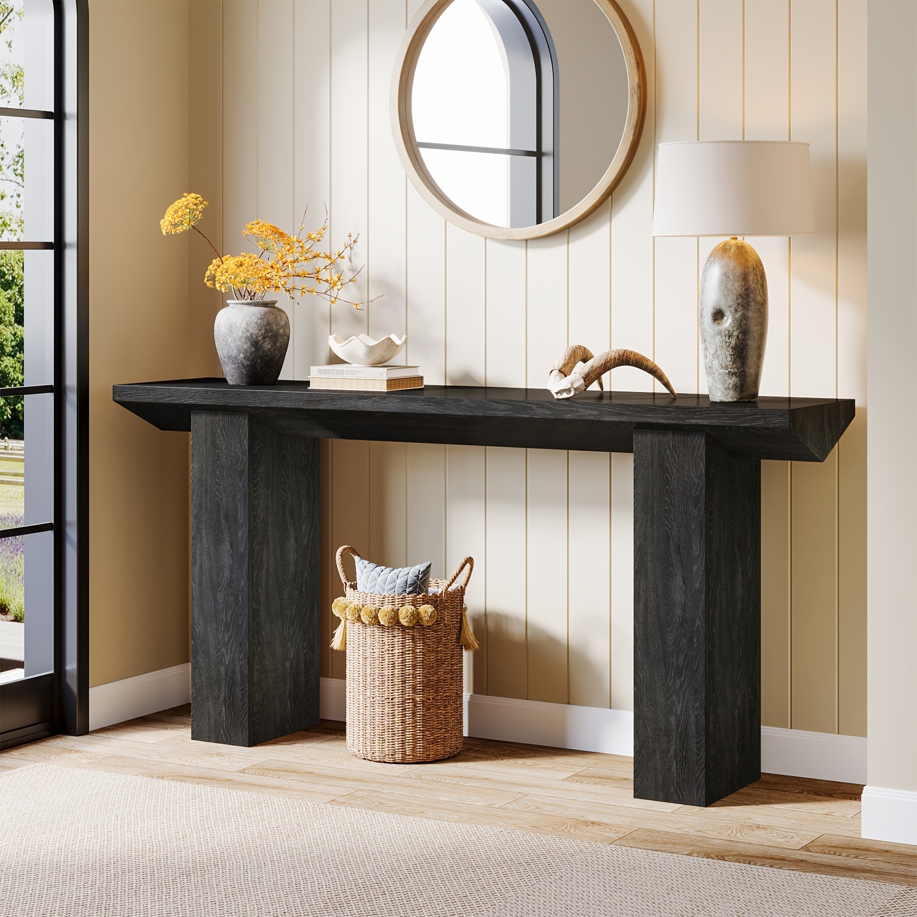 Elegant 62.99" Long Farmhouse Console Table - Stain-Resistant MDF, Black Sofa Table with Inverted Triangle Design, Ideal for Entryway, Hallway, Living Room - Durable & Easy to Assemble