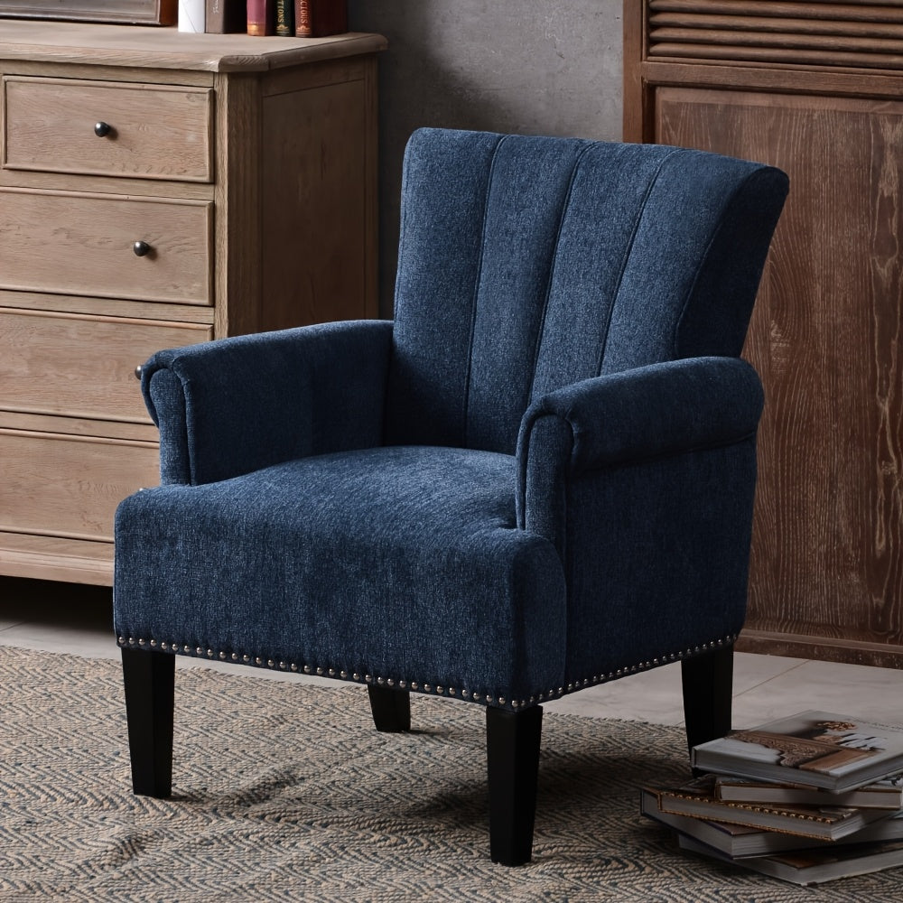 1pc Navy Blue Tufted Accent Armchair - Solid Wood Frame, Polyester Upholstery, Foam Padding, Rivet-Trimmed, Non-Adjustable, Dry Clean Only, Ideal for Hard Floors - Stylish Comfortable Chair