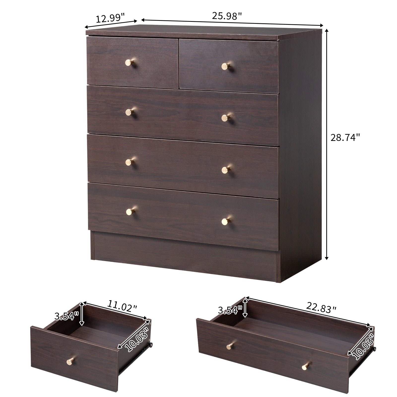 4/ 5/ 6/ 7 Drawer Wood Dresser for Bedroom Chest of Drawers Storage Organization Unit for Clothing Brown - Brown / 5