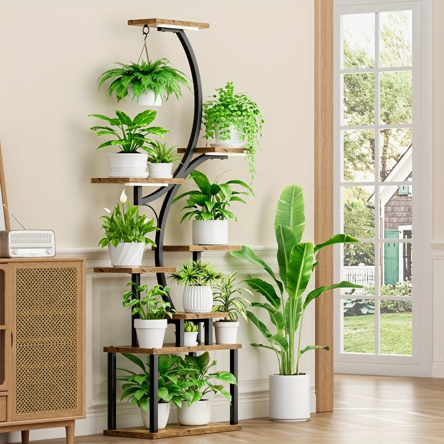 S-shaped Plant Stand Indoor With Grow Lights, 62'' Tall 8 Tiered Large Metal Household Plant Flower Stand With Thickened Wooden Boards, Multi Functional Display Stand, Suitable For Terraces, Balconies, Living Rooms, Courtyard