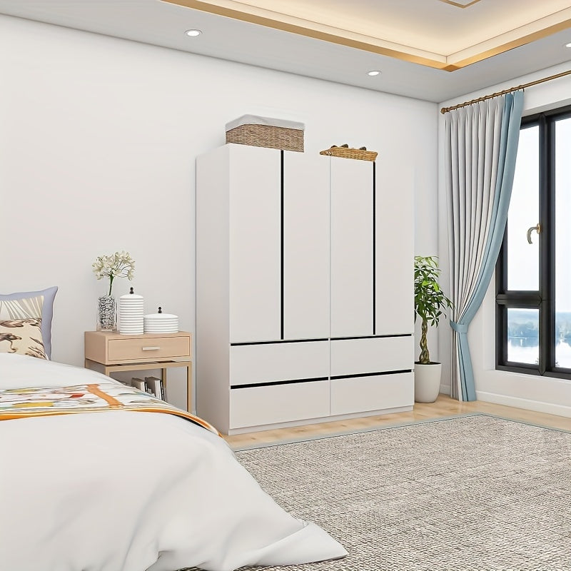 4-Door Armoire Wardrobe Closet, White Wood Storage Organizer With Hanging Rod, Quadruple Doors, And Drawers, Bedroom Wardrobe Closet