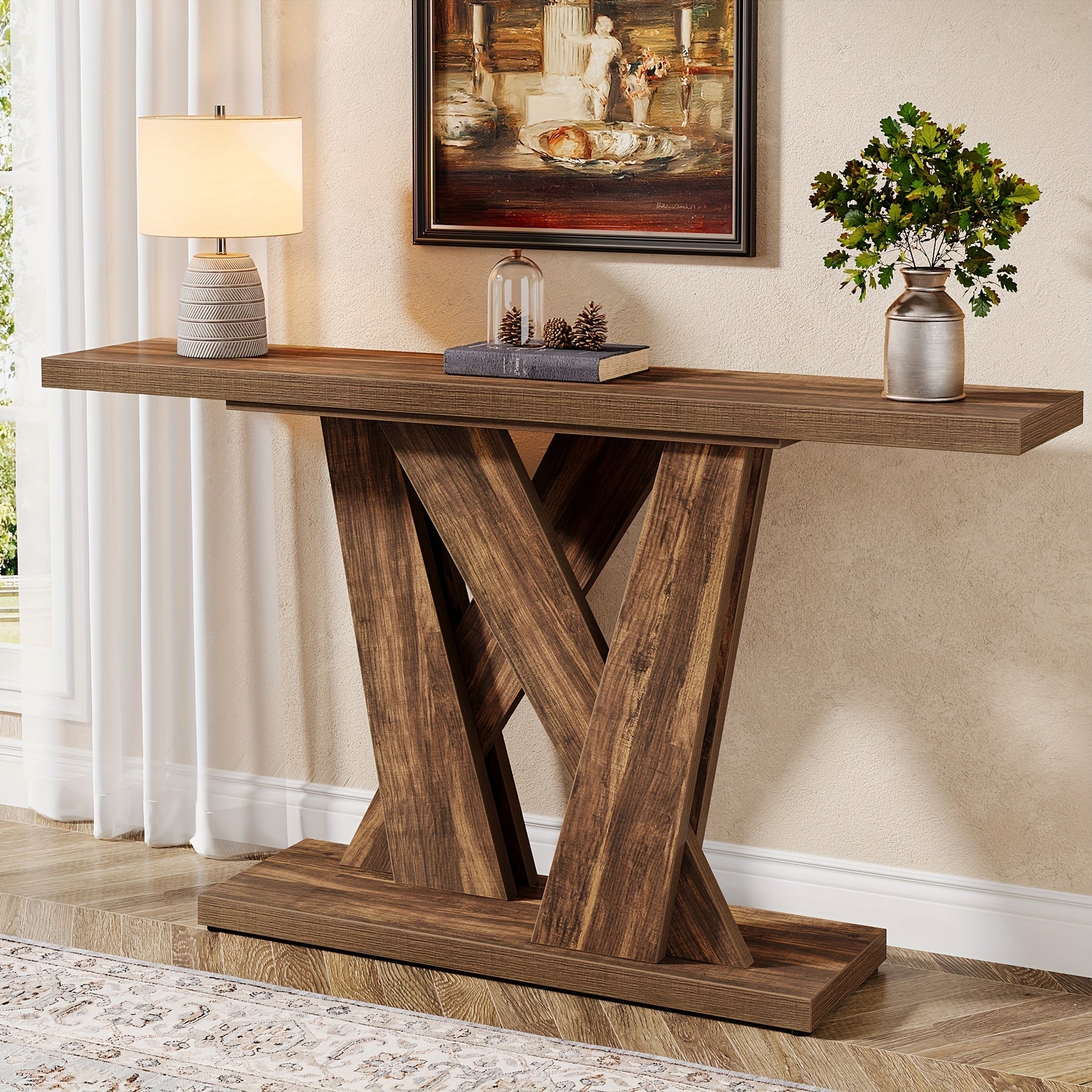 55-Inch Farmhouse Console Table, Entryway Table With Geometric Base, Narrow Sofa Table Rustic Wood Hallway Table For Entrance, Living Room, Foyer