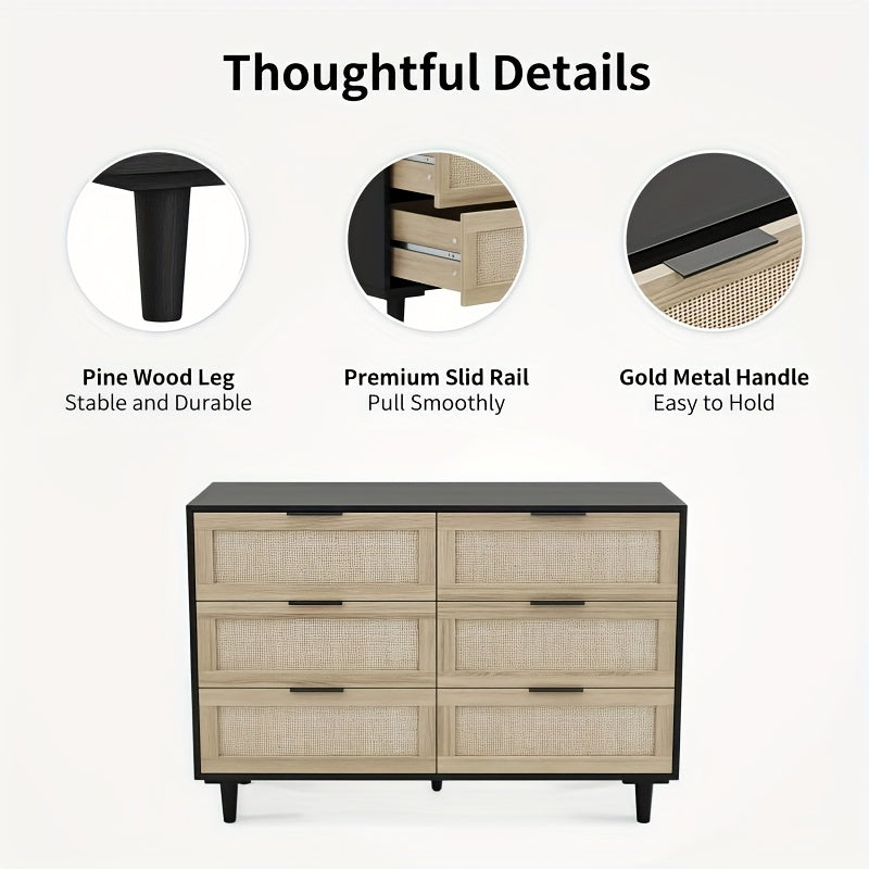 Rattan Dresser For Bedroom, 6 Drawer Wide Dresser, Boho&Farmhouse Chest Of Drawers, 43" Clothes Storage Cabinet, Metal Handle&Wood Legs For Hallway, Living Room, Bedroom, Black, Storage Drawer Units