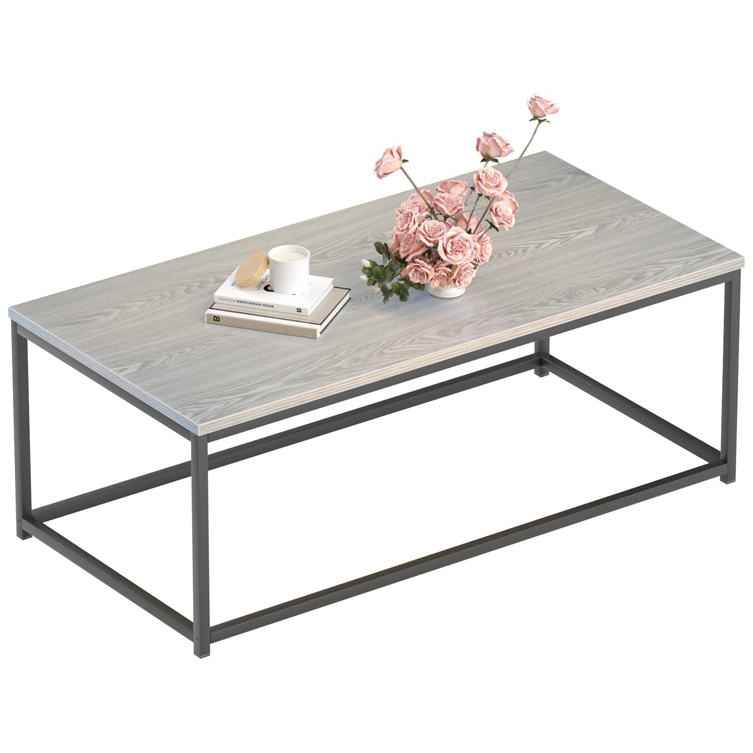 Modern Industrial Style Rectangular Coffee Table for Living Room, Bedroom - Rustic Accent Minimalistic Furniture with Wood Grain Top & Metal Frame - Center TV Table