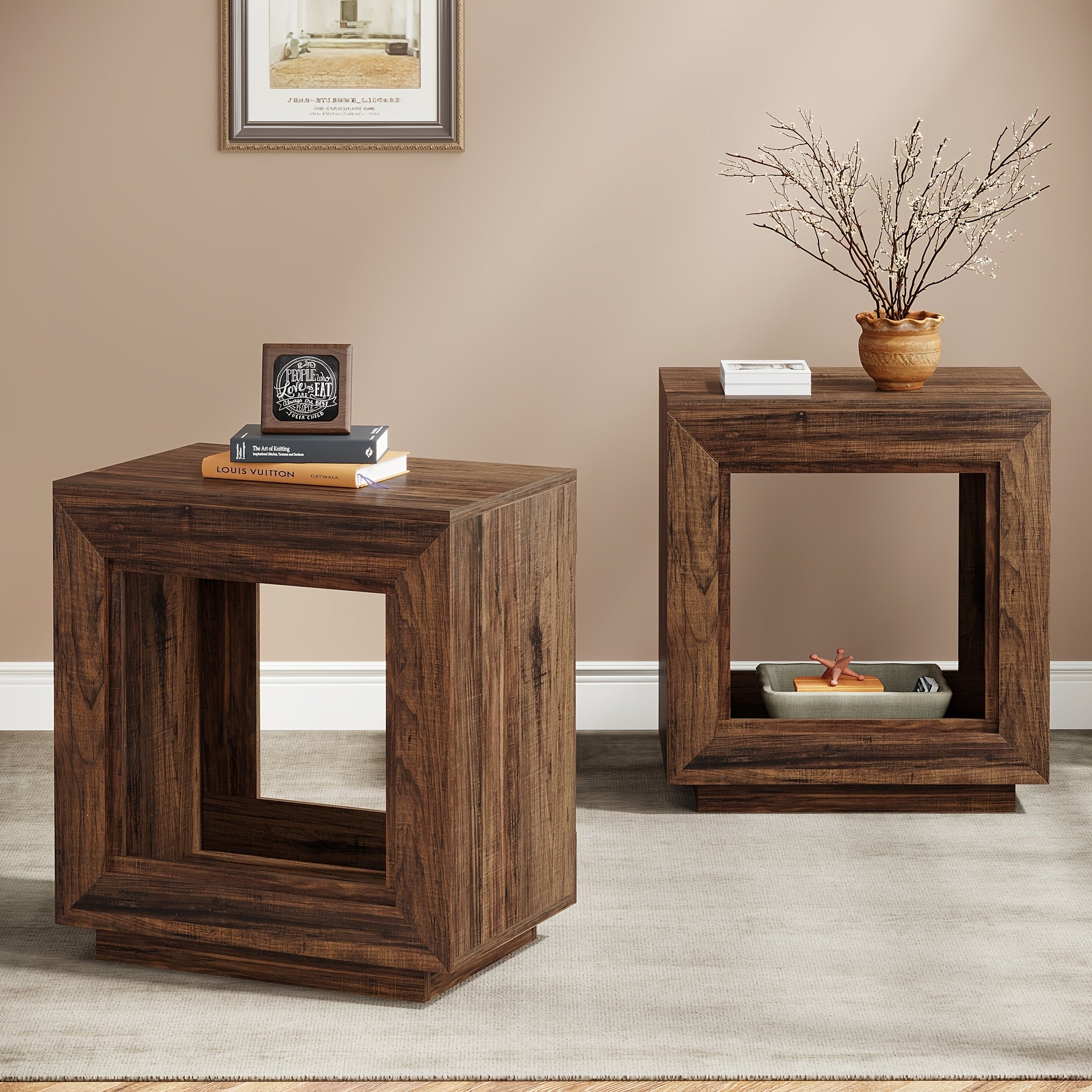 Charming 24" Farmhouse End Table with Storage - Rustic Dark Wood Finish, 2-Tier Side Table for Living Room or Bedroom, Space-Saving Design with Ample Top Surface & Under-Table Shelf for Books and Decor, Compact Side Table|Rus