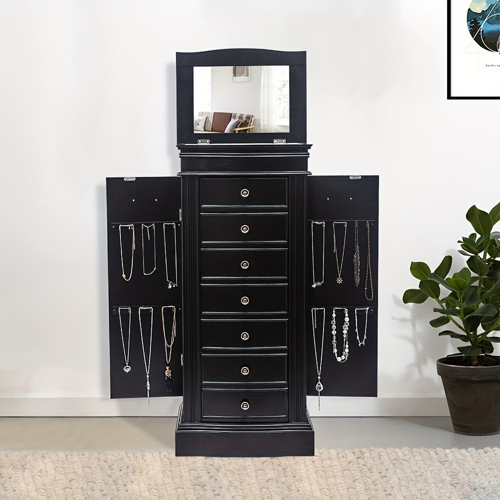 1pc Jewelry Armoire With Mirror, 7 Drawers And 24 Necklace Hooks, 2 Side Swing Doors Jewelry Storage Cabinet, Jewelry Chest For Bedroom Living Room