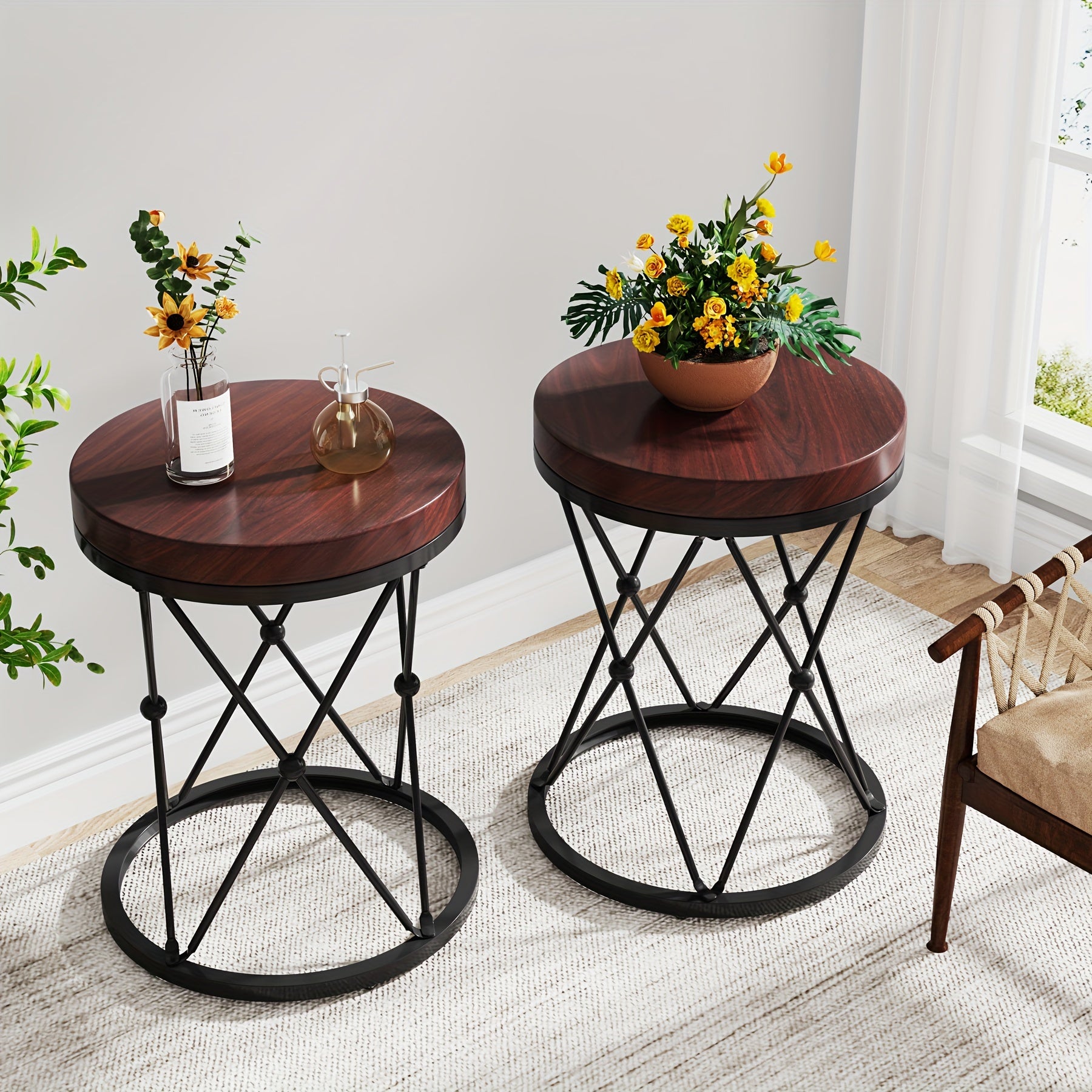 19.69" Round End Table, Modern Sofa Side Table With X-Shaped Base, Wooden And Metal Cocktail Table Accent Table Nightstand For Living Room Bedroom