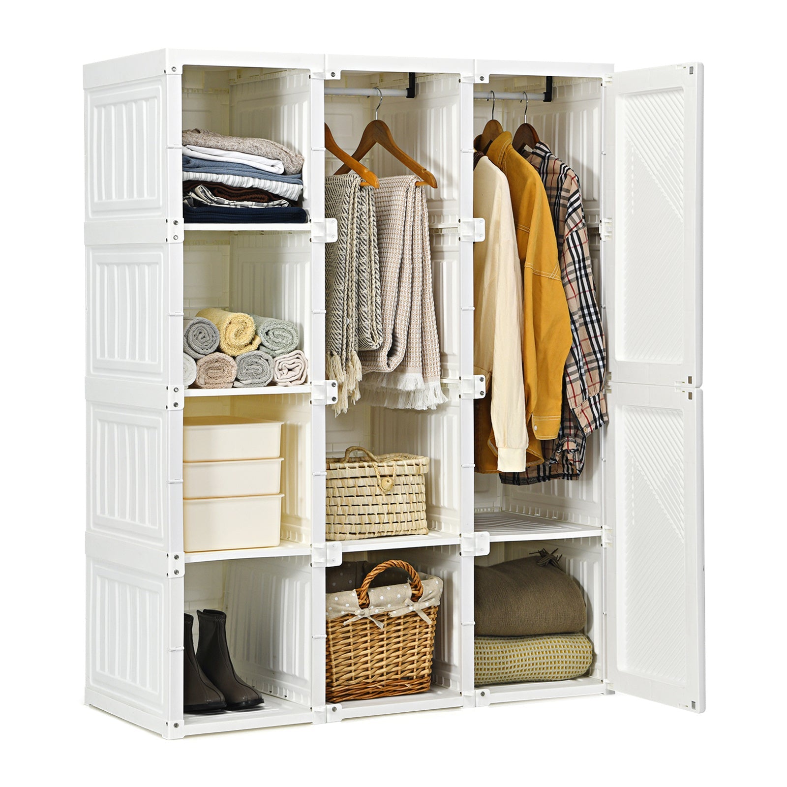 Portable Wardrobe Closet, Foldable Closet Clothes Organizer w/ Cubby Storage, Hanging Rods, Magnet Doors, Odorless Material, Stable Structure, Easy Assemble, Folding Bedroom Armoire for Locker Room, Living Room