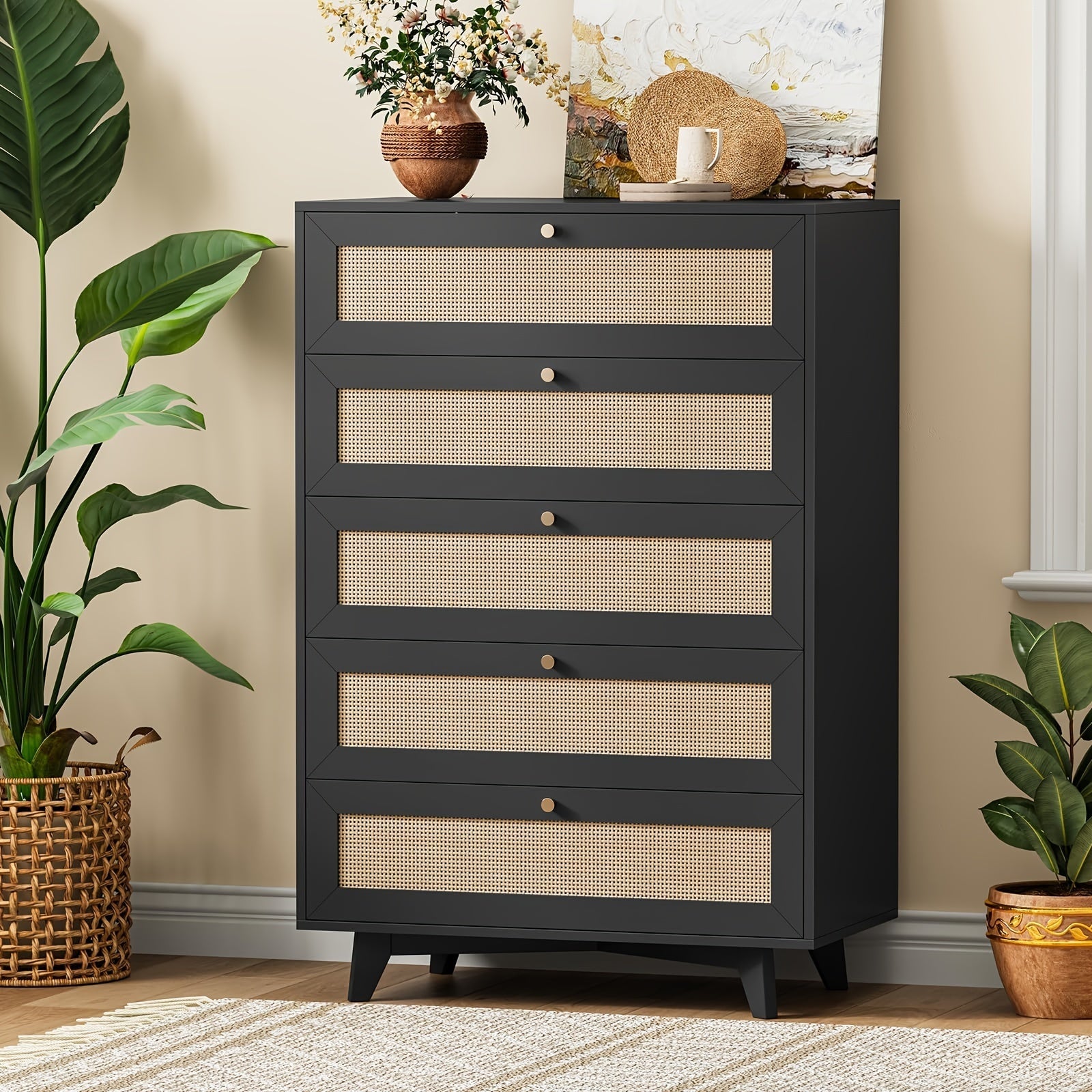 5 Drawer Dresser, Modern Rattan Chest Of Drawers With Metal Handle, Nature/Black