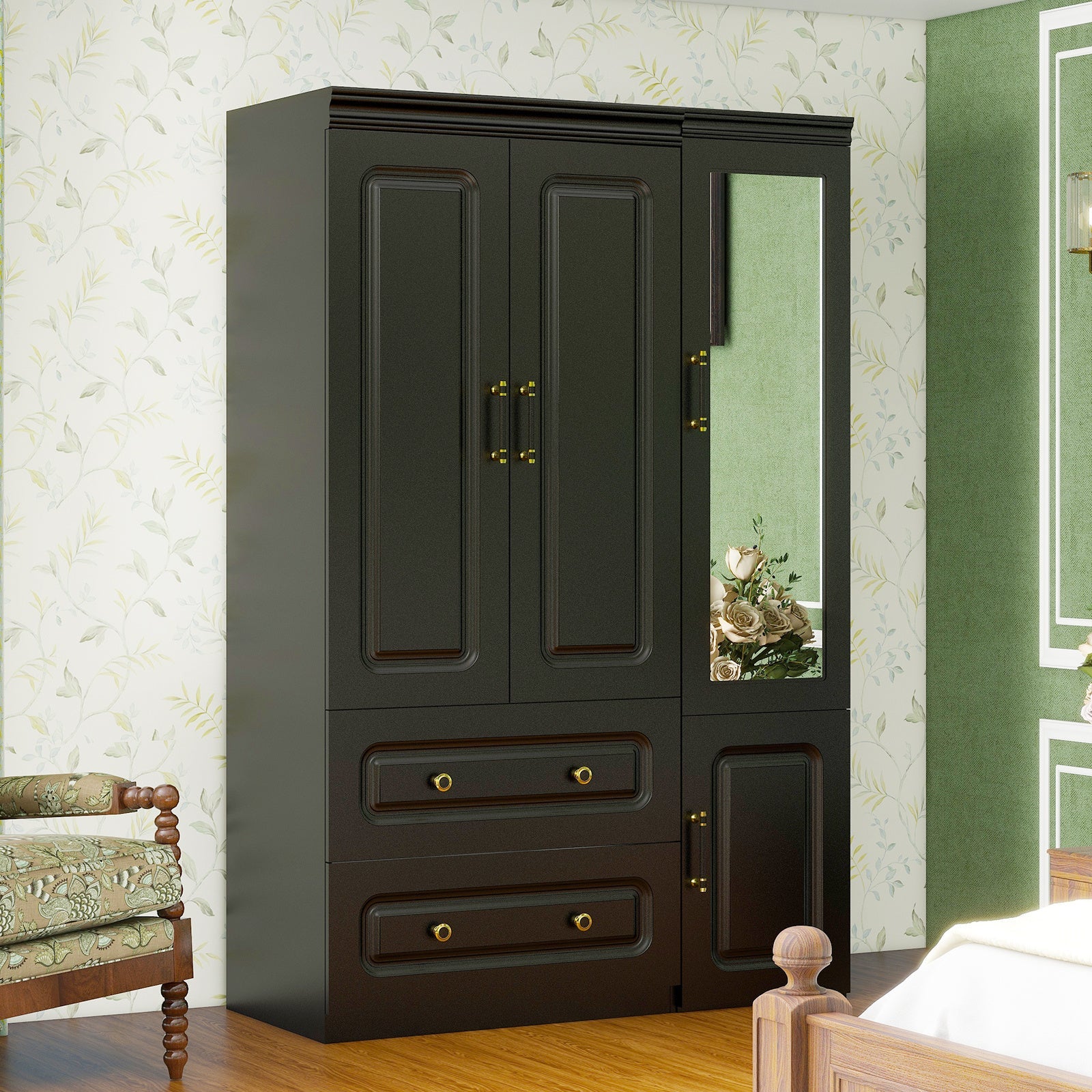 Black 3-Door Freestanding Wardrobe Armoire Closet - Modern Bedroom Organizer with Mirror, 2 Hanging Rods, 2 Drawers, and 2 Shelves - Contemporary Design, Hardwood Construction for Ample Storage, Bedroom Decor, Best fo