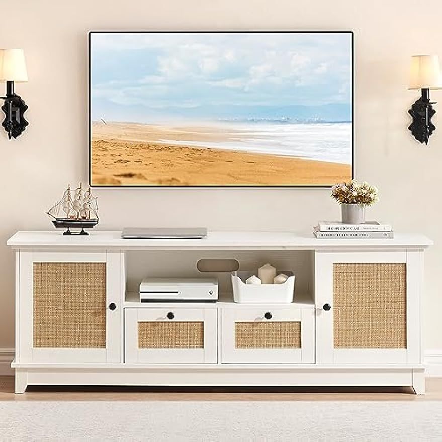 Elegant White Rattan TV Stand - Modern Entertainment Center for 65/70 Inch TVs, Featuring 2 Drawers, 2 Cabinets & Adjustable Shelf | Durable MDF & Natural Rattan Accents | Ideal for Stylish Living Rooms, Tv Console for Living