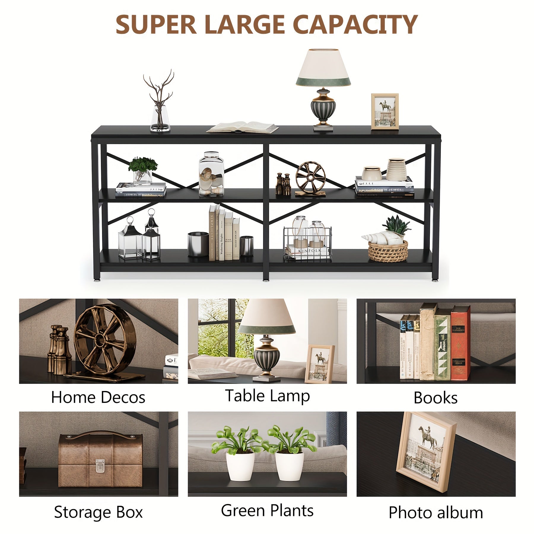 70.9 Inch Extra Long Console Table, Modern 3-Tier Sofa Table With Storage Shelves, Ideal As Industrial Hallway Entryway Table Or Bookshelf In Living Room, With Functional Behind Couch Design