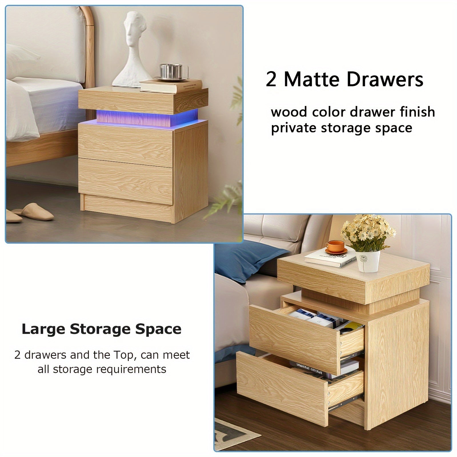 Modern LED Nightstand 2 Drawers Bedside Table With Led Lights Smart Night Stands Wood Color Textured Finish End Side Table For Bedroom Home Furniture