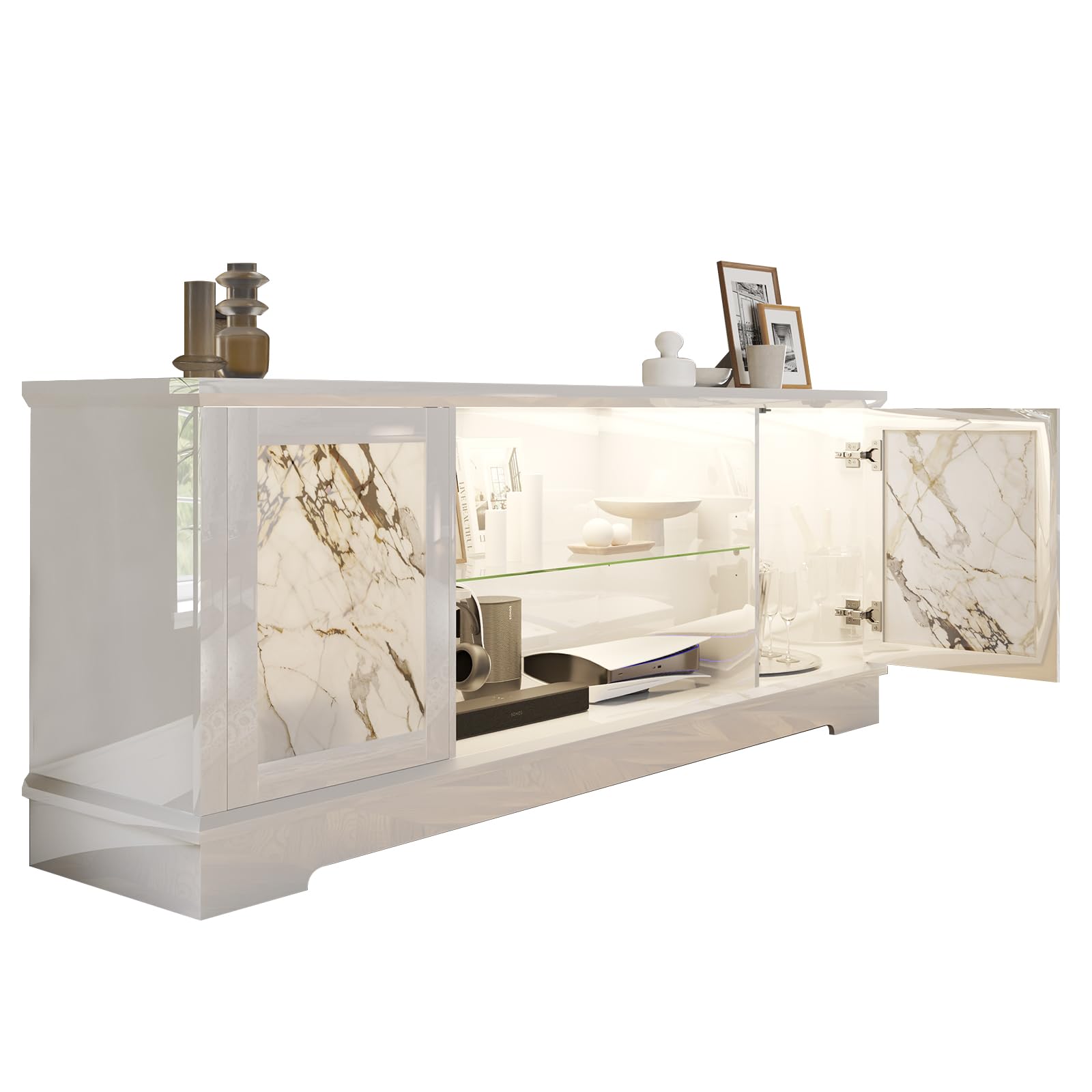 63" Natural Marble TV Stand - A Sleek and High-Gloss Entertainment Center with LED Illumination and Pine Wood Legs, an Elegant White TV Console Cabinet Suitable for TVs Up to 73"