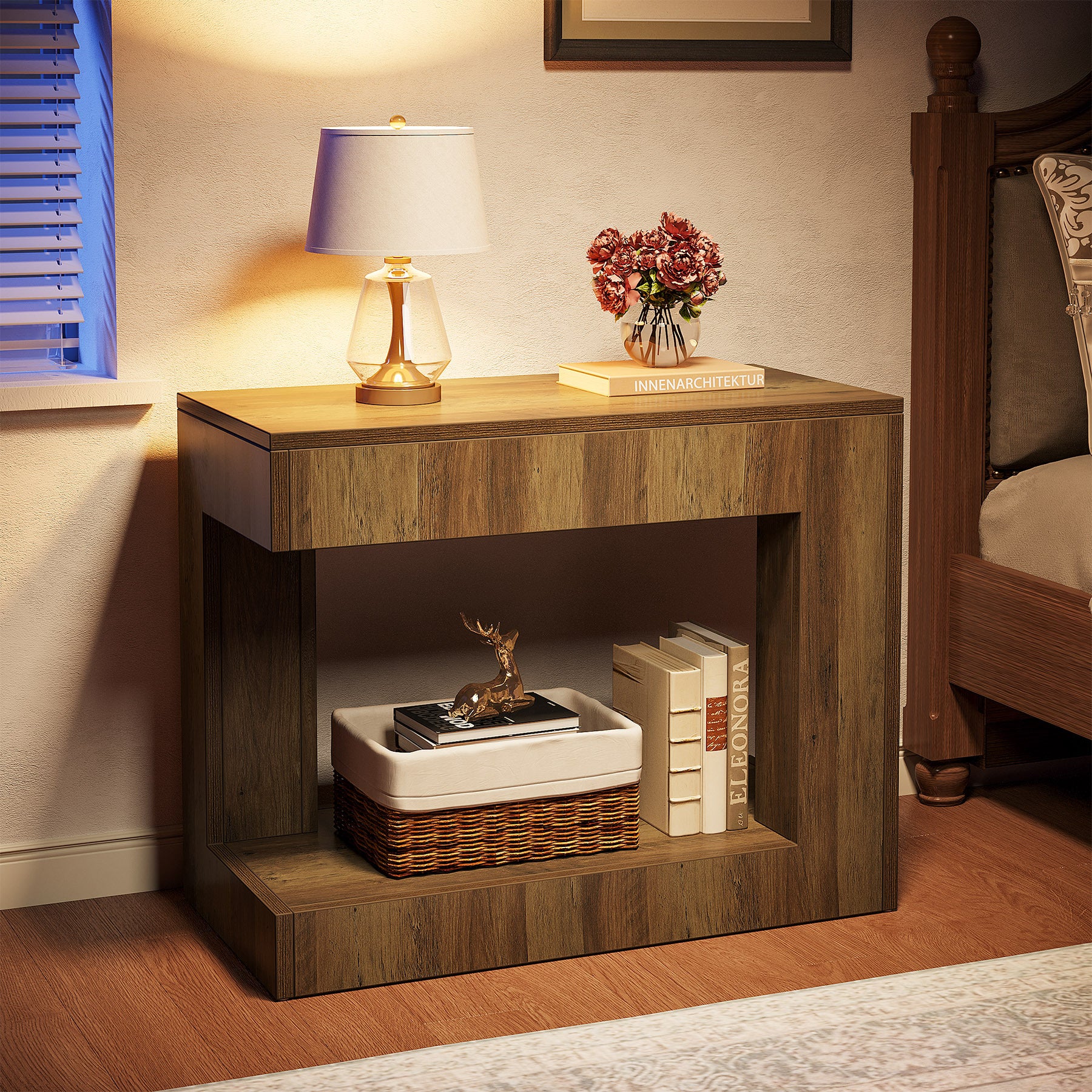 2-Tier End Table, Small Side Table with Open Storage Shelf, Farmhouse Sofa Side Table Wooden End Table for Living Room, Bedroom, Rustic Brown