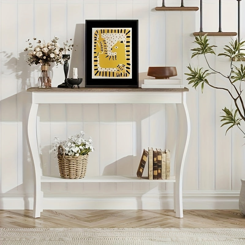 Farmhouse Console Sofa Table with S-Shape Wooden Legs, Chic Accent Narrow Console Table With Sturdy Frame And Open Shelf for Entryway, Living Room And Hallway, Space-Saving Design, Versatile and Easy to Assemble