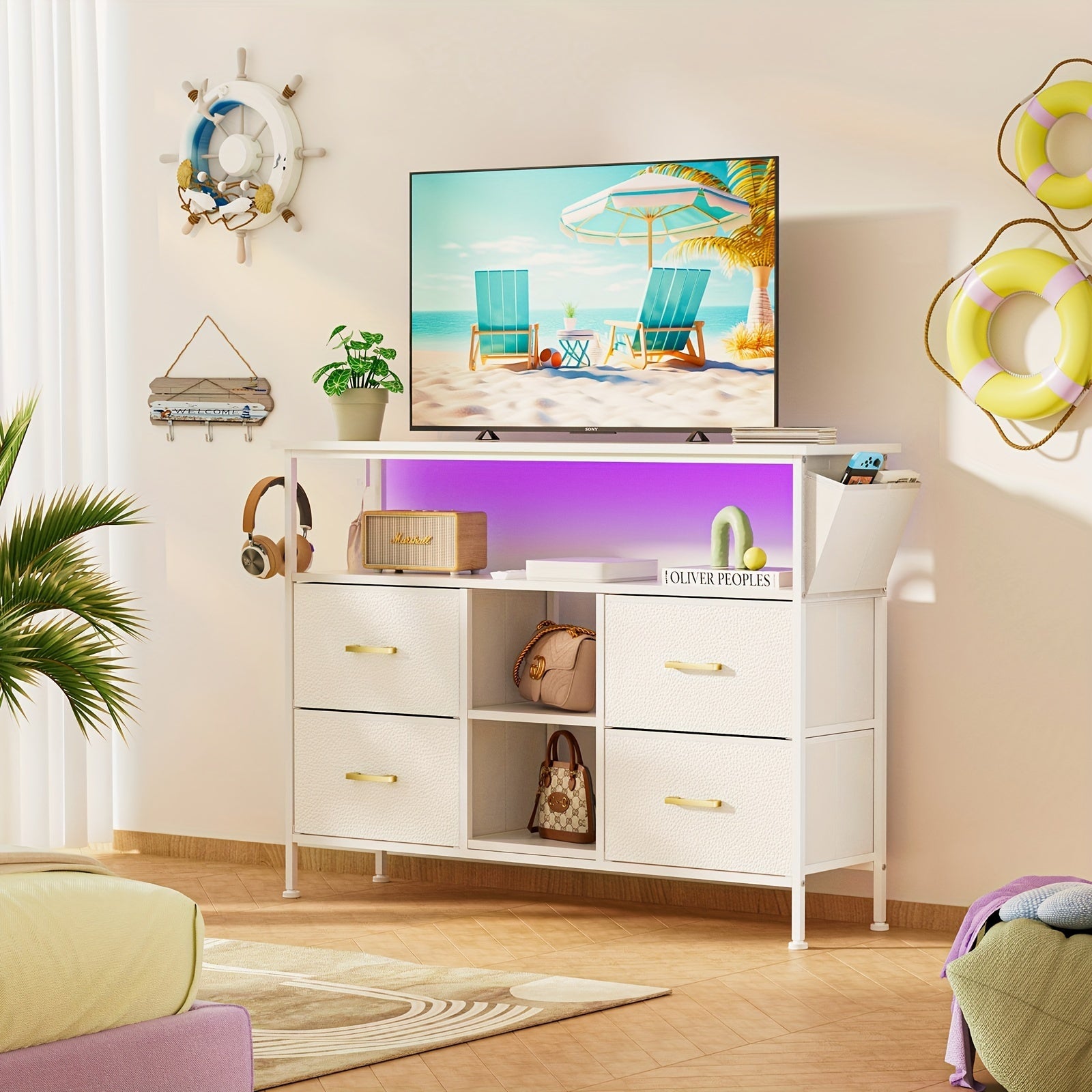 TV Stand Dresser With Built-in Power Outlet For 50-inch TVs, White LED-Lit TV Console, Storage Cabinet With 4 Spacious Drawers, Comprehensive Entertainment Center & Wide Drawer Chest For Bedroom Storage