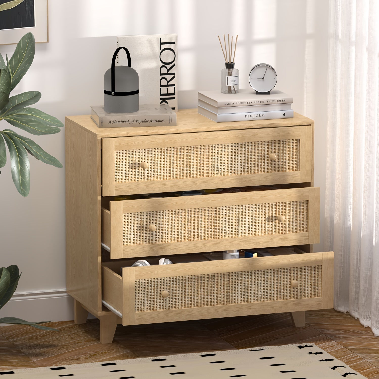 Rattan Drawer Dresser with 3 drawers Boho Small Chest of Drawers- Large Storage and Sturdy Contruction Natural Rattan