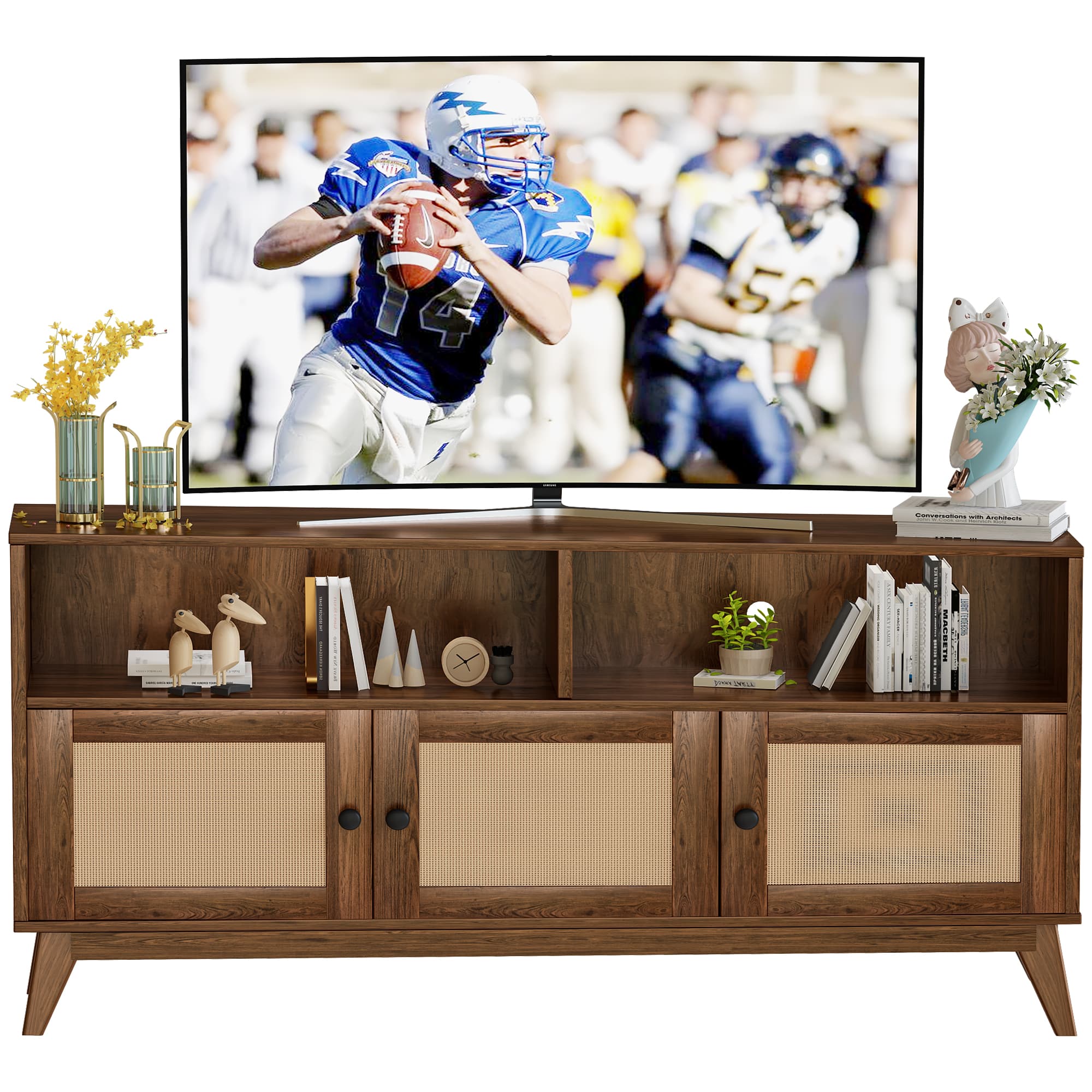 TV Stand for 65 Inch TV, Mid Century Modern TV Stand with 3 Boho Rattan Storage Cabinets and 2 Open Shelves, Entertainment Center, TV Stand Media Console for Bedroom, Living Room, Rustic Brown